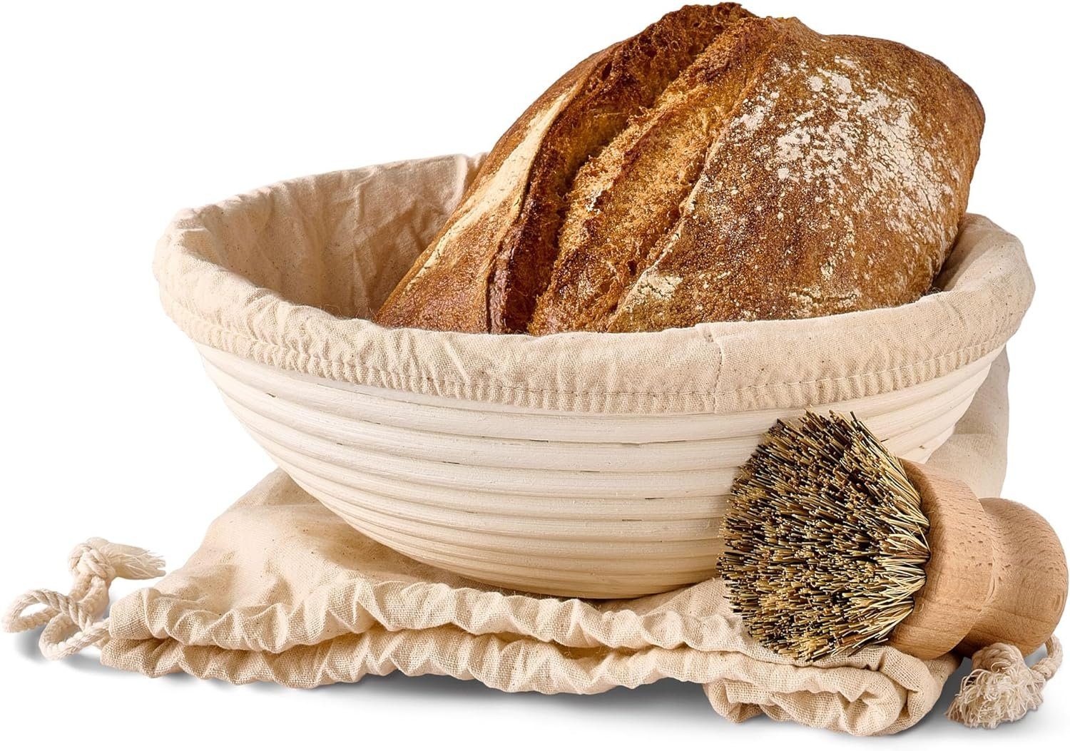 Praknu Gärkorb Gärkorb zum Brotbacken - Aus nachhaltigem Rattan - Rund - 25cm - Set, Aus nachhaltigem Rattan - Geruchsneutral - Mit Backutensilien