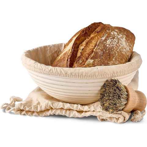 Praknu Gärkorb Für Brot Rund 25 cm 1kg - Gärkörbchen für Brotteig zum Brotbacken, Aus nachhaltigem Rattan - Geruchsneutral - Mit Backutensilien