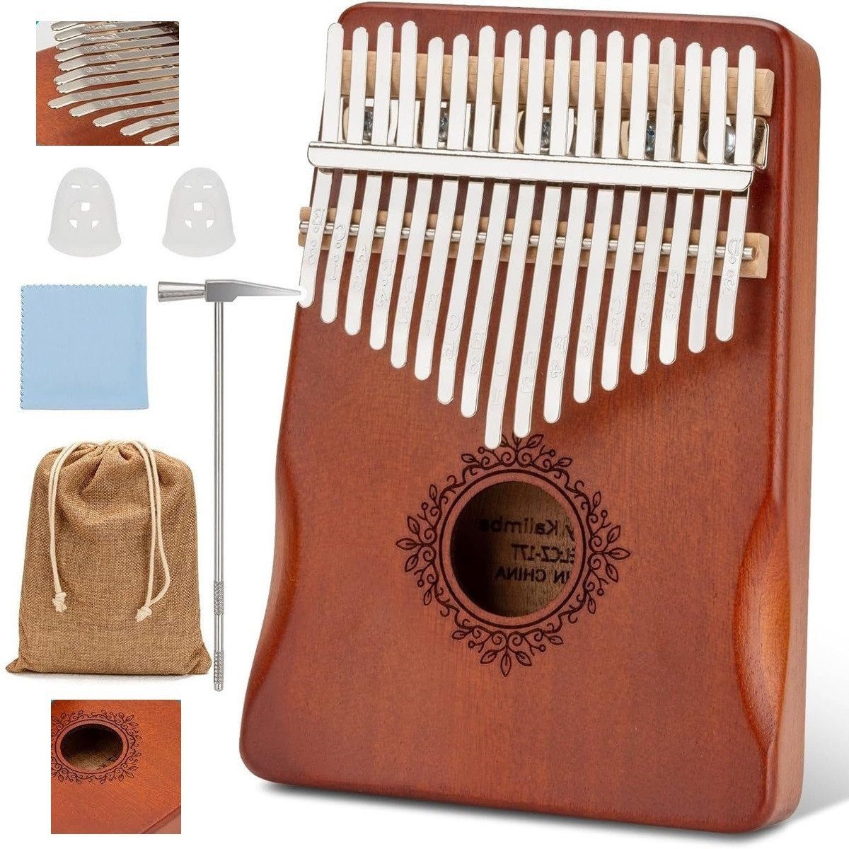 Spielzeug-Musikinstrument 17 Schlüssel Kalimba, Daumenklavier inkl Stimmhammer & Lernwerkzeuge