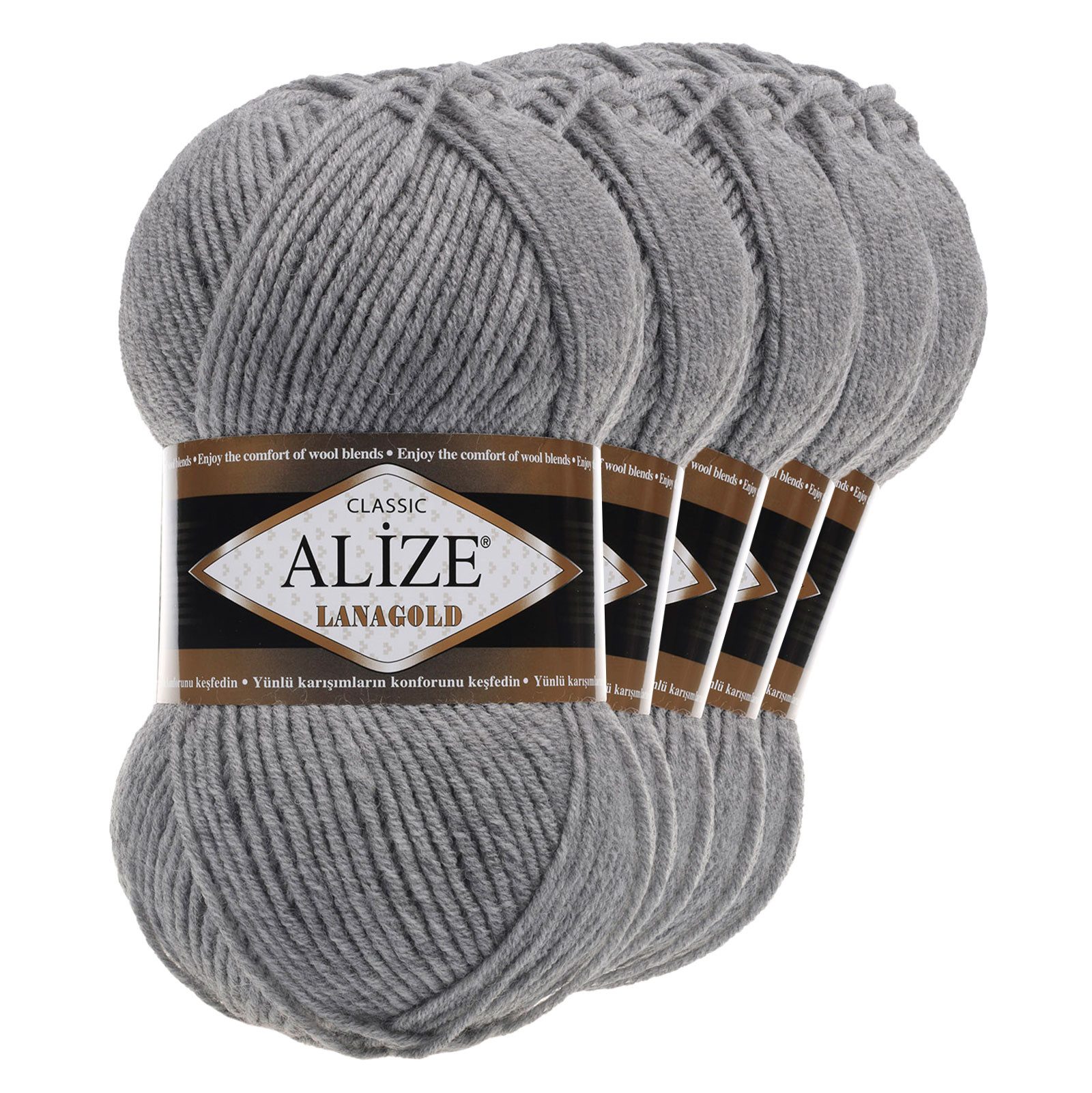 Alize 5 x 100 g ALIZE Lanagold 49% Wolle Strickgarn Winterwolle Schurwolle Häkelwolle, 240 m, grau