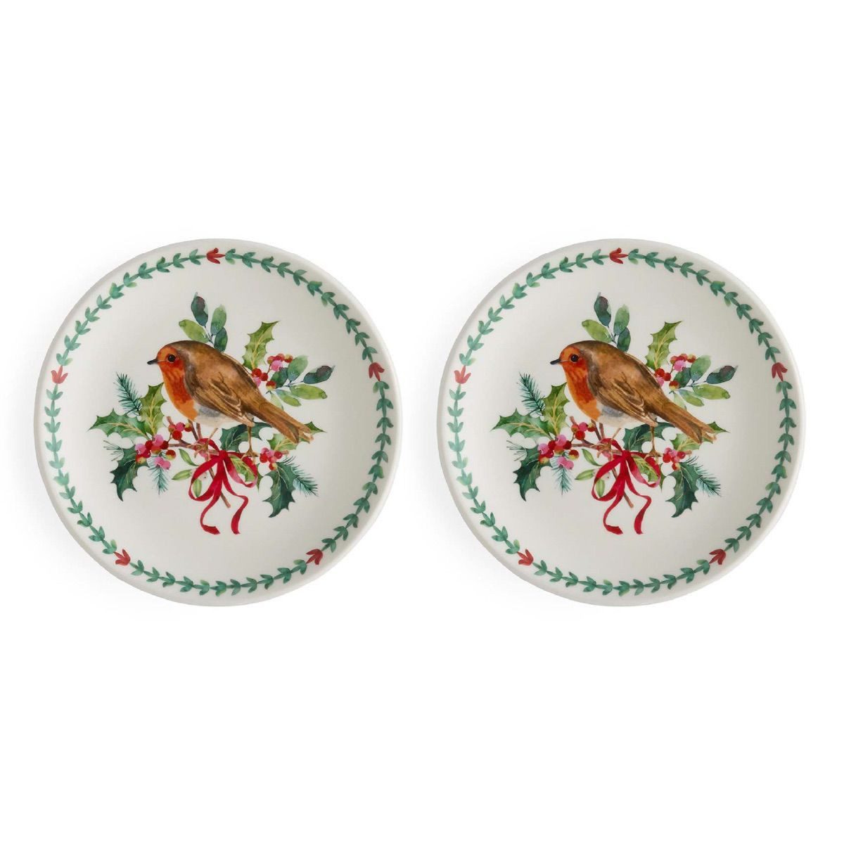 Portmeirion Dessertteller Botanic Garden Christmas Holly 2er-Set Vorlege-Teller Robin & Border