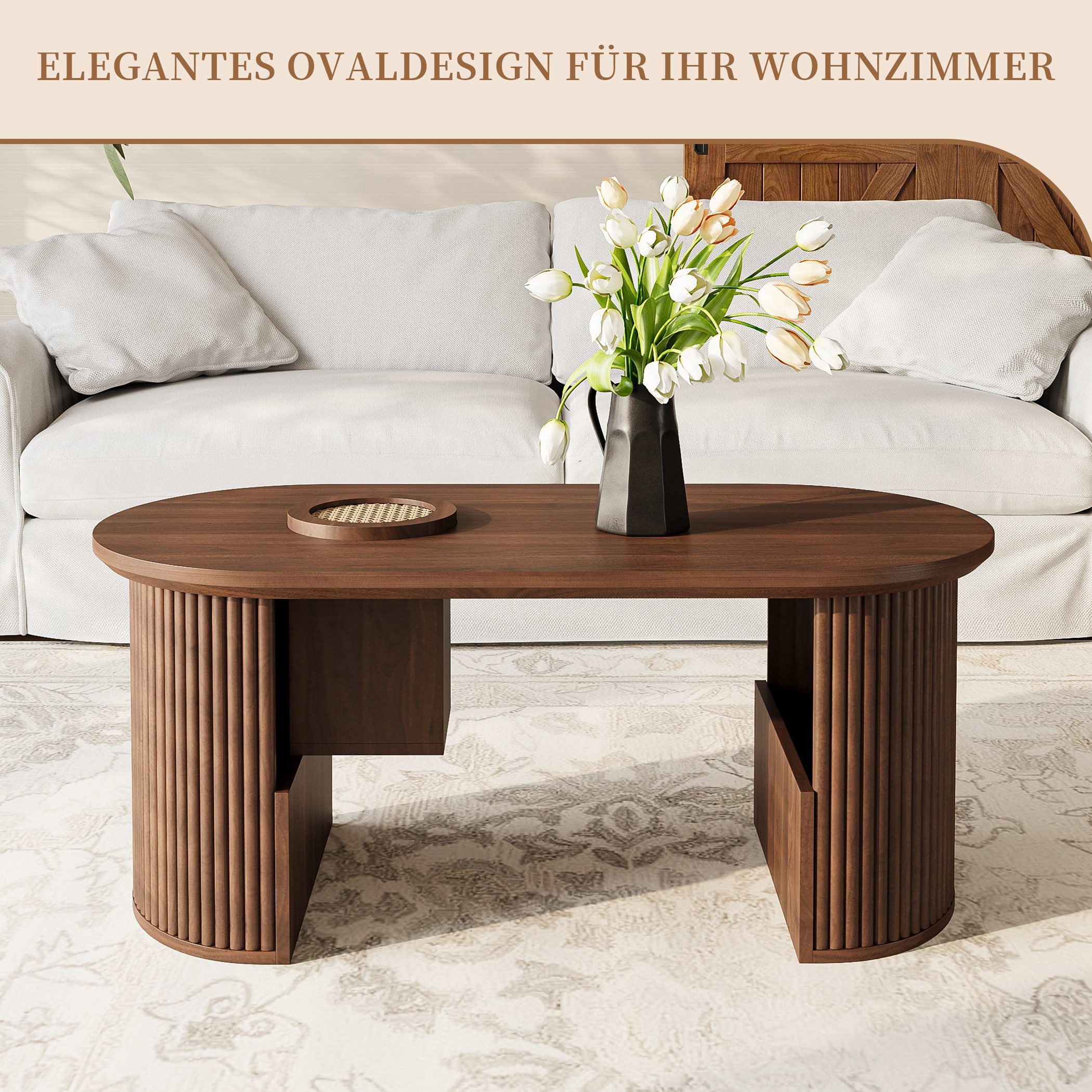 SeedWave Couchtisch Sofatisch in Holzoptik, Ovaler Tischplatte mit Aufsatzdeckelfach, 105cm Wohnzimmertisch inkl. 2 Fächer auf Innenseite unten