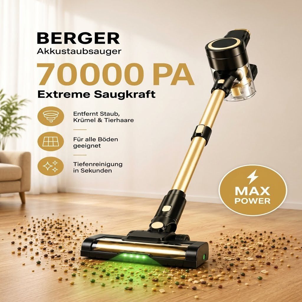BERGER ELECTRONICS Stielstaubsauger Staubsauger Kabellos, Akku Staubsauger, Akku-Stielstaubsauger, beutellos, 70000 Pa, 60 min Laufzeit, Handstaubsauger