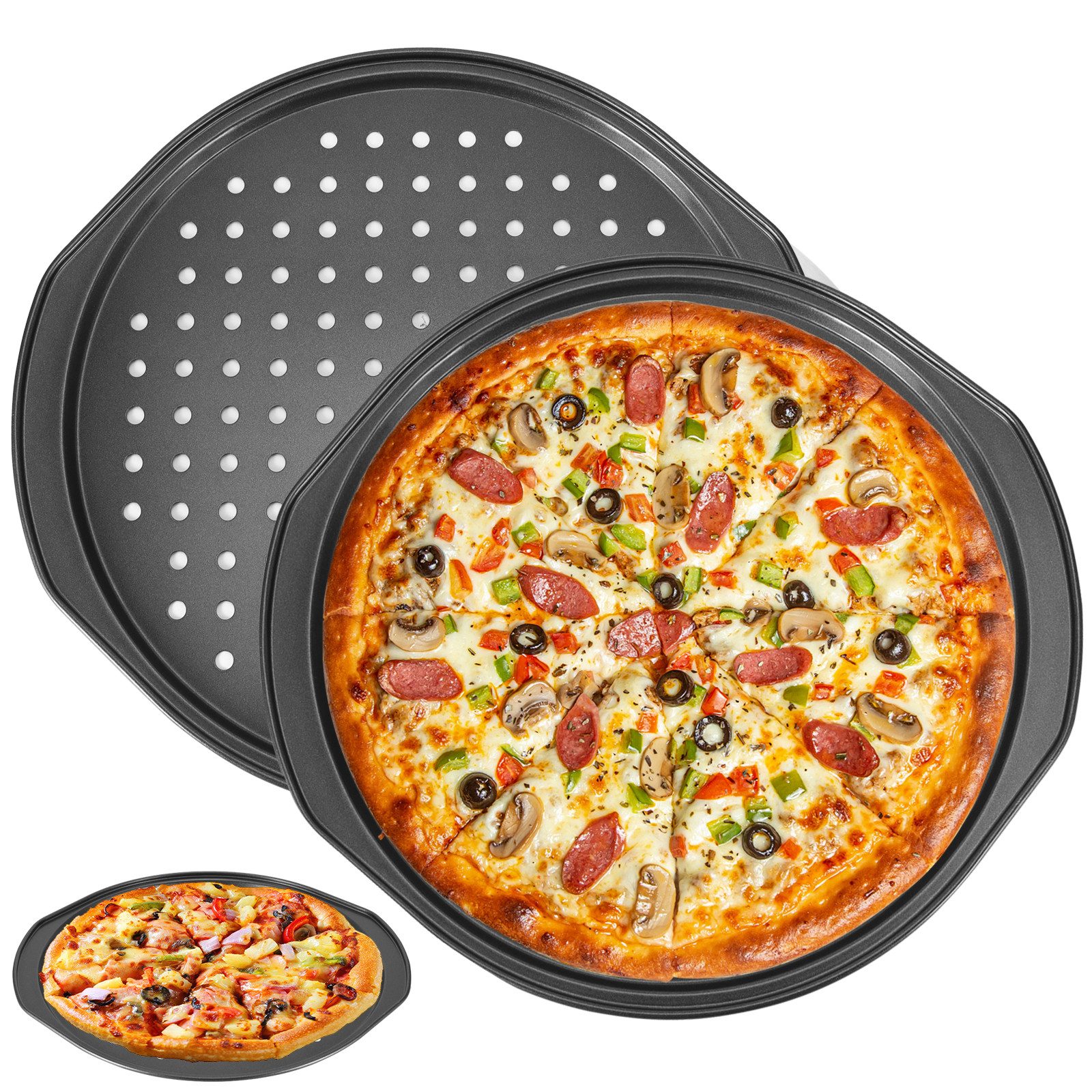 BlingBin Pizzablech Rund Carbonstahl Pizzaform Pizzapfanne Backform, Kohlenstoffstahl, (2er Set, 2-St., Pizzapfanne 36 x 33,5 cm), für Ofen & Grill, Ideal für Pizza, Flammkuchen & Kuchen