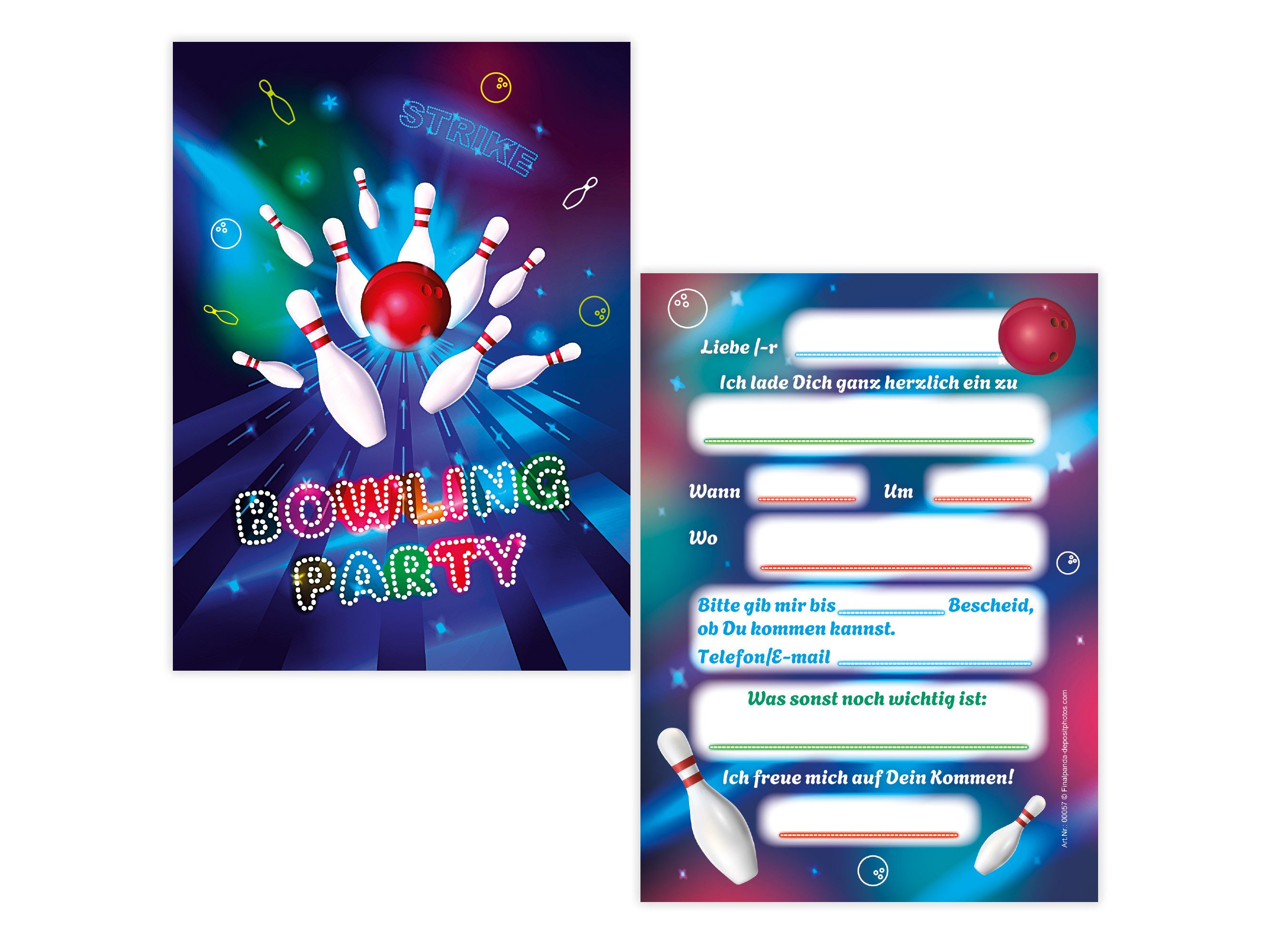 LIMONIA Einladungskarten Bowling zum Kindergeburtstag Jungen Mädchen Einladungen Kegeln, Einladungskarten mit einem Bowling Motiv