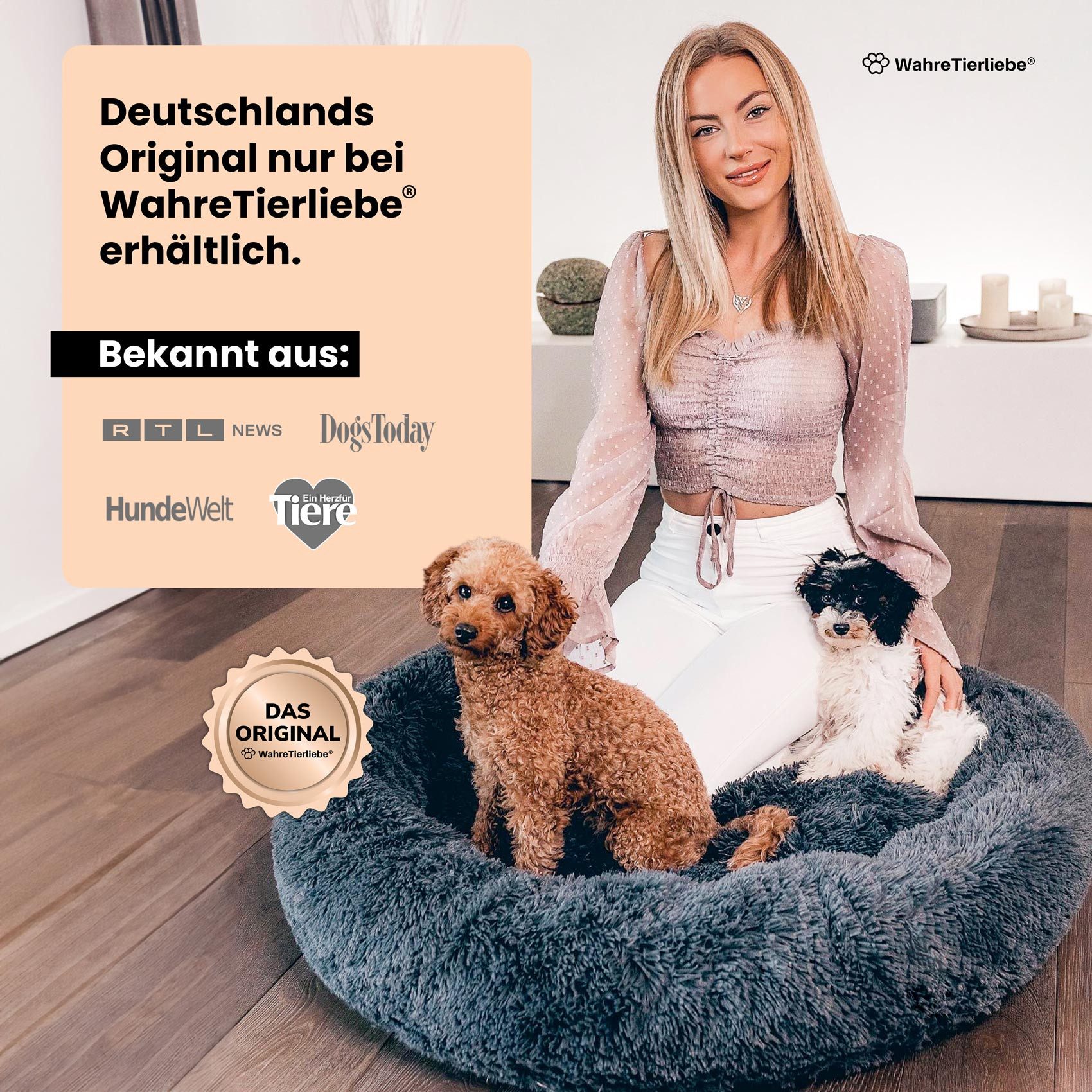 Wahre Tierliebe Tierbett - Flauschiges Hundebett Donut, Deutschlands Original, waschbar, Verschiedene Größen und Farben, extra flauschig