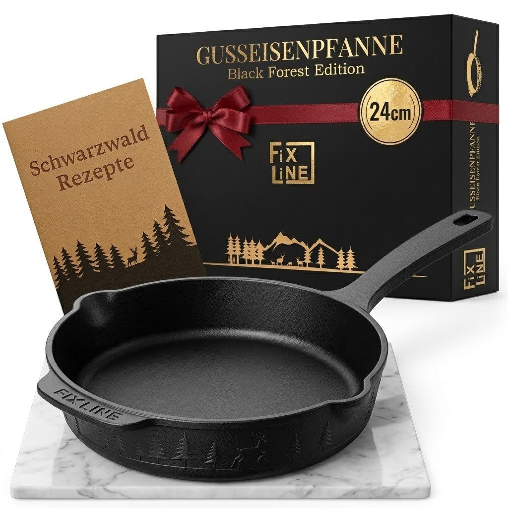 FIXLINE Bratpfanne Original Gusseisenpfanne 28cm Black Forest Edition - Emailliert, Gusseisen (Einzel, 1 Gusseisenpfanne), Emailliert, Black Forest Edition