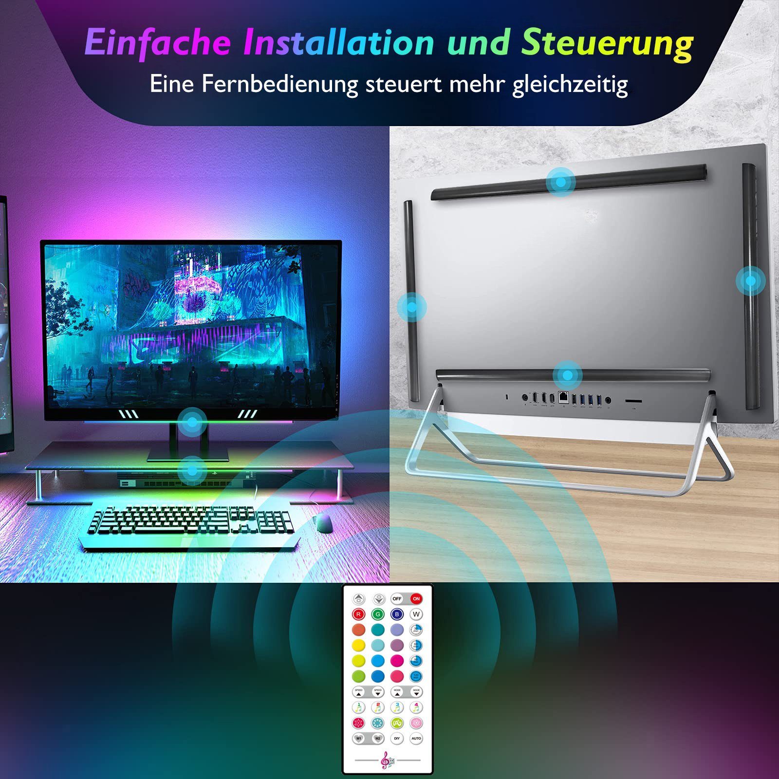 mit LED-Streifen Fernsteuerung mit USB Dimmba, Ambient Beleuchtung Under TV PC RGB Multi-Modi Hintergrundbeleuchtung LED Musik und Sync Hängen Monitor Sunicol