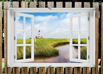 Wallario Sichtschutzzaunmatten Kleiner Bach durch Schilf auf dem Weg zum Leuchtturm, mit Fenster-Illusion