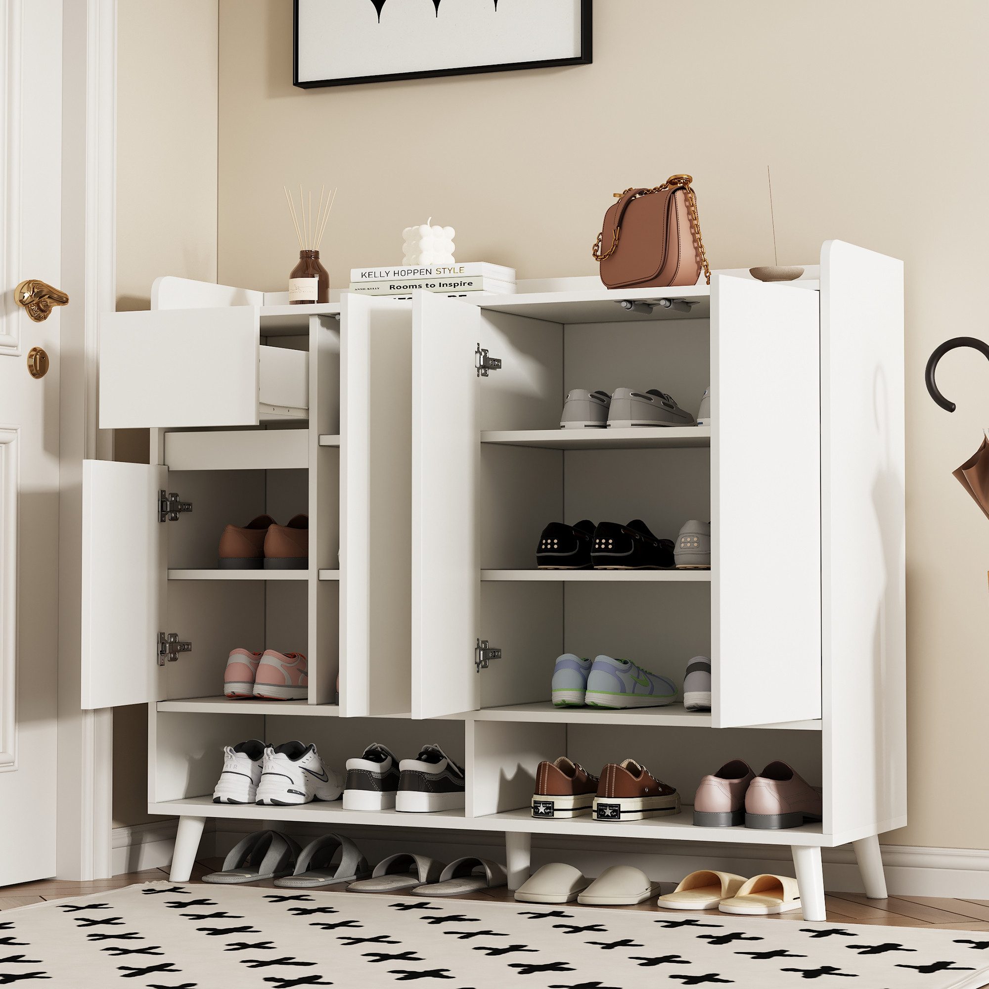 Flieks Schuhschrank mit 1 Schubladen und 4 Türen Weiß/Natur (B120/T35/H99 cm, 1-St., mit verstellbaren Einlegeböden) Schuhkommode Mehrzweckschrank Sideboard, Massivholzbeine