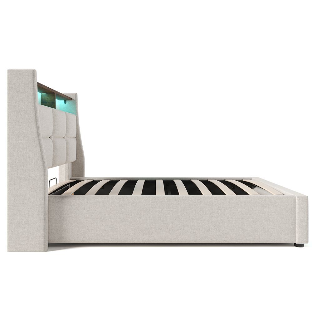 Polsterbett (Funktionsbett, 90x200 cm Hydraulisches Bett mit Lattenrost), Stauraumbett mit LED-Beleuchtung und USB-Anschluss, Baumwolle-Leinen
