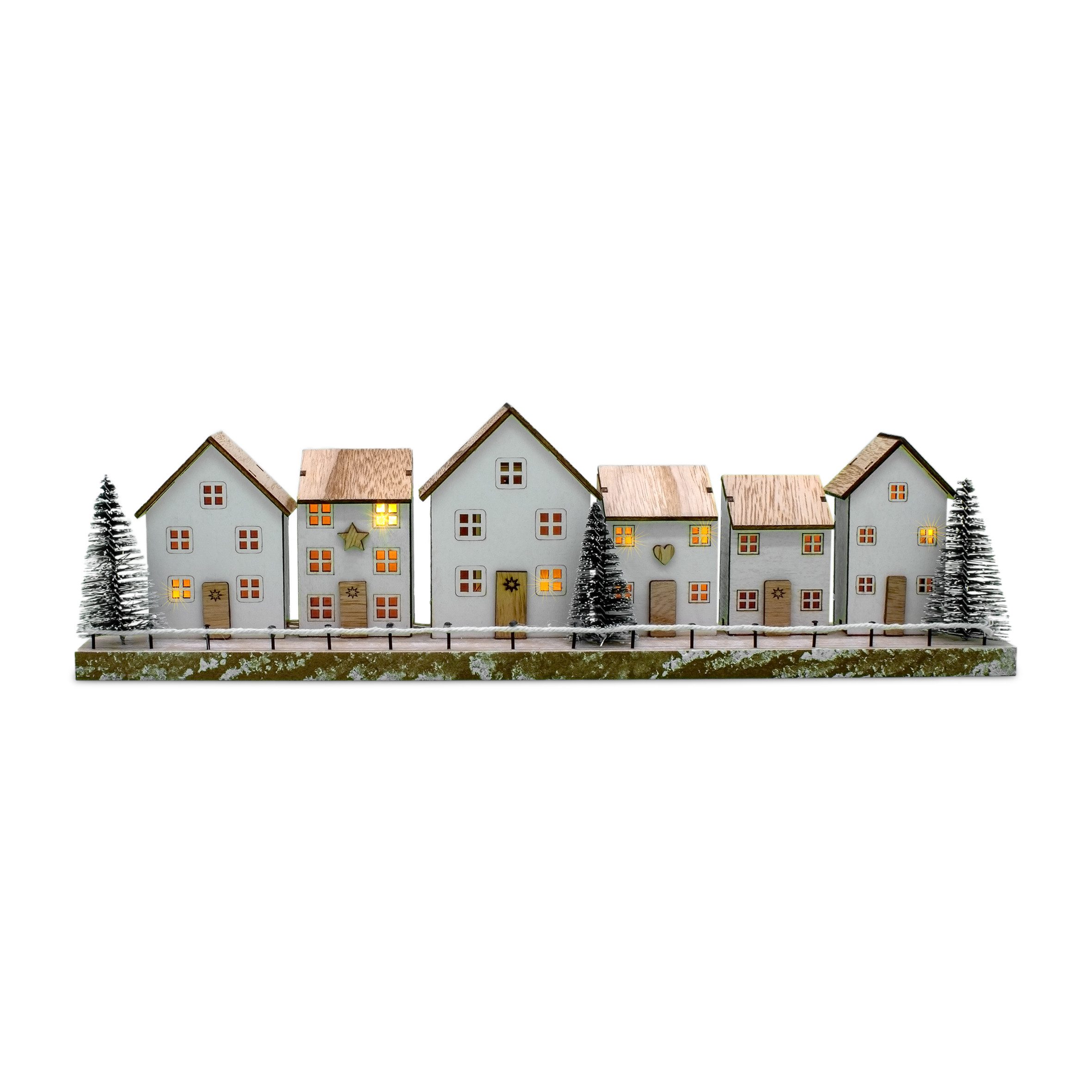 Spetebo Weihnachtsdorf LED aus Holz in weiß - 40 x 11 cm - Deko Winterlandschaft warm weiß, Batterie betrieben