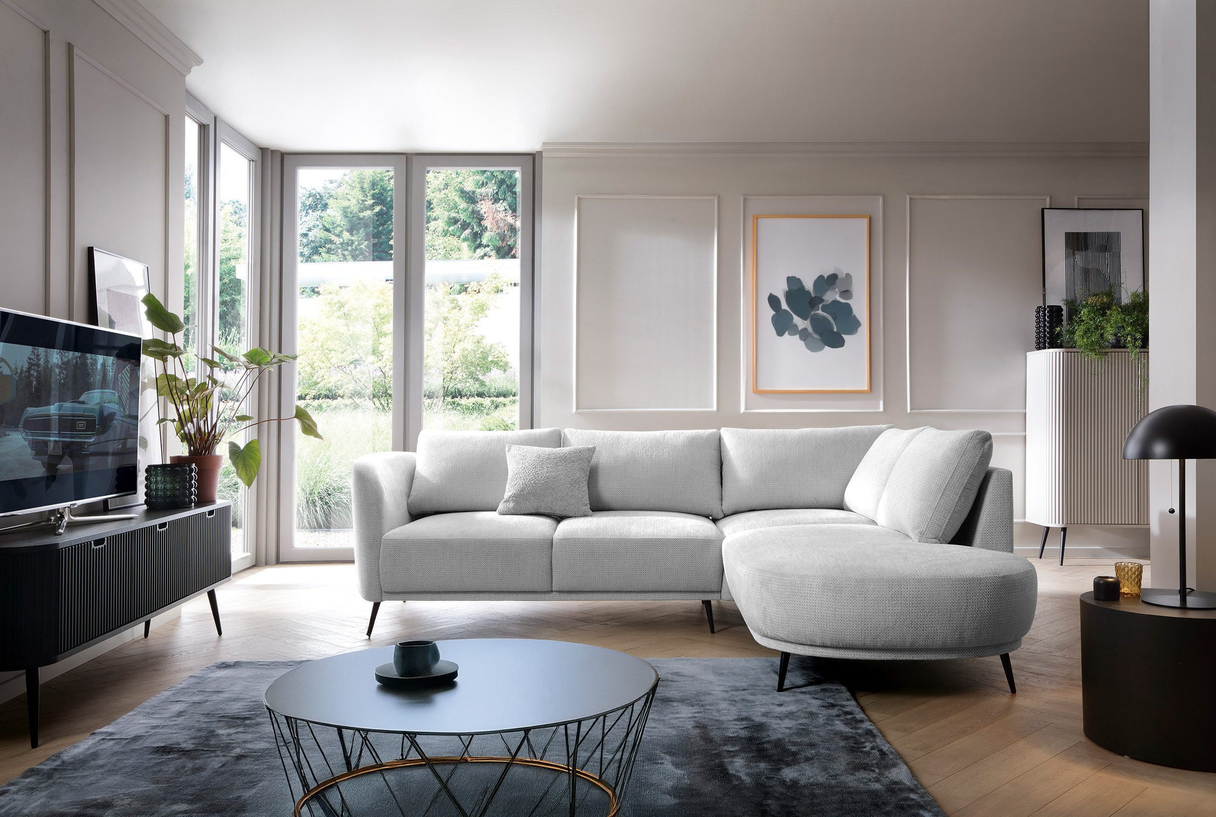 Goldstoff Ecksofa mit Schlaffunktion & Bettkasten - L-Form - Aurora Récamière, Couch mit Bettkasten und Schlaffunktion, Großzügige Liegefläche von 220 x 140 cm, ergonomische Polsterung
