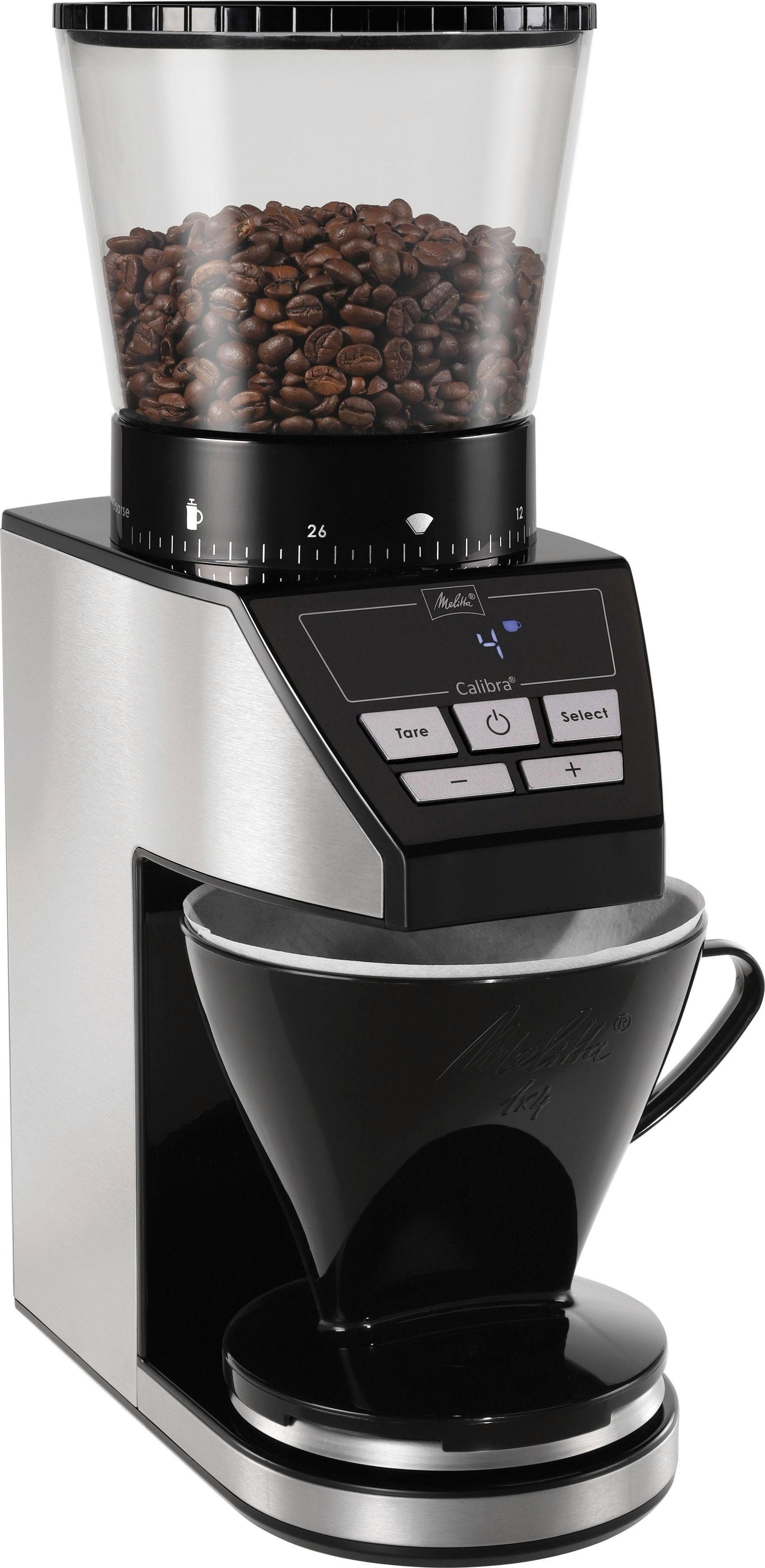 Melitta Kaffeemühle Calibra 1027-01 schwarz-Edelstahl, 160 W, Kegelmahlwerk, 375 g Bohnenbehälter schwarz|silberfarben