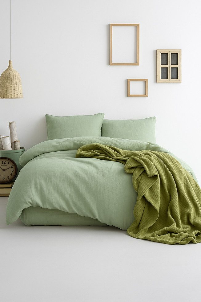 Musselin Welt Bettwäsche Musselin Bettwäsche aus Biobaumwolle in Salbeigrün, Biobaumwolle, 100% Biobaumwolle mit Reißverschluss