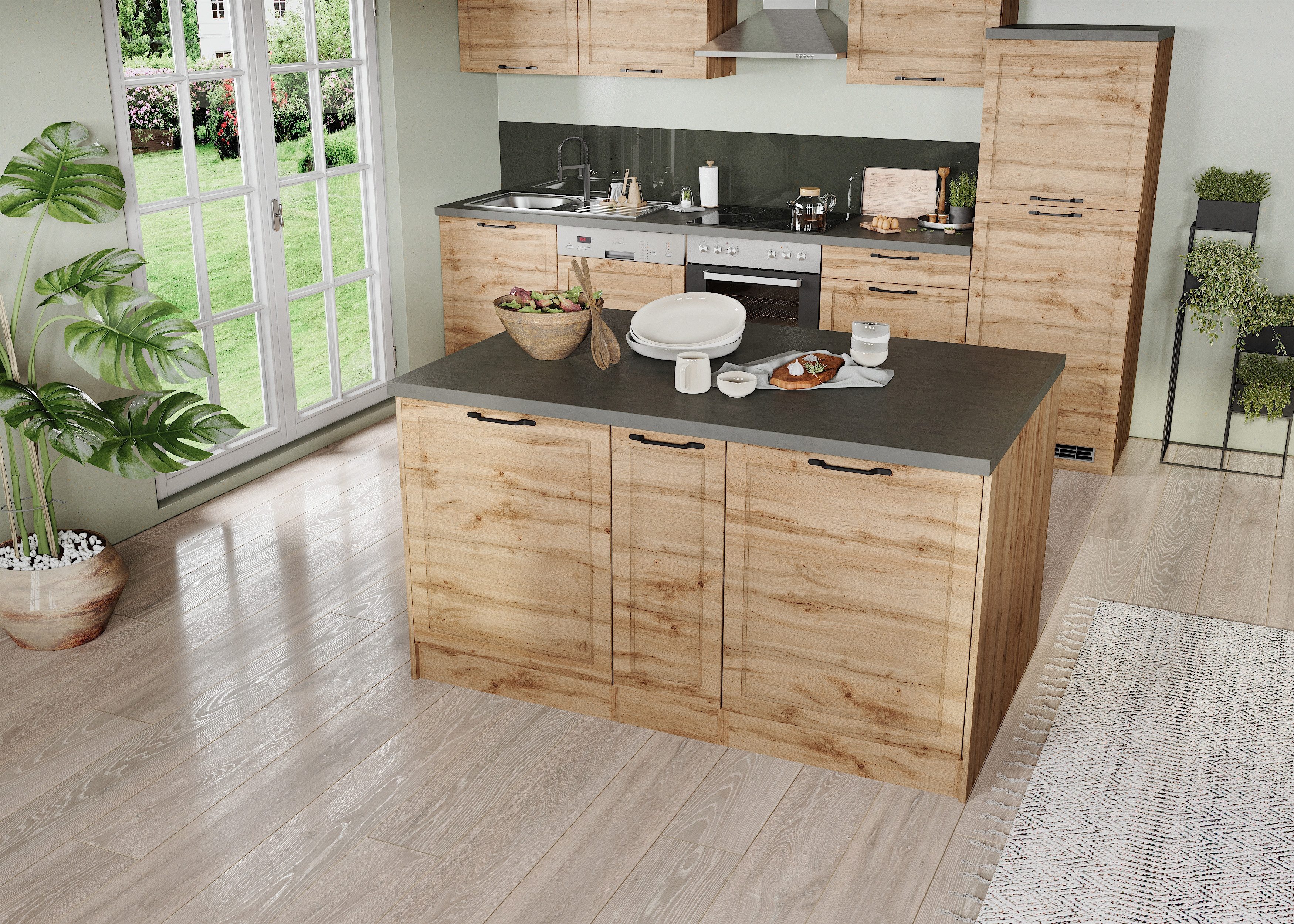 KOCHSTATION Kücheninsel KS-Lani, Breite 153 cm, mit Flaschenregal, MDF-Fronten, Arbeitsplatte 38mm stark