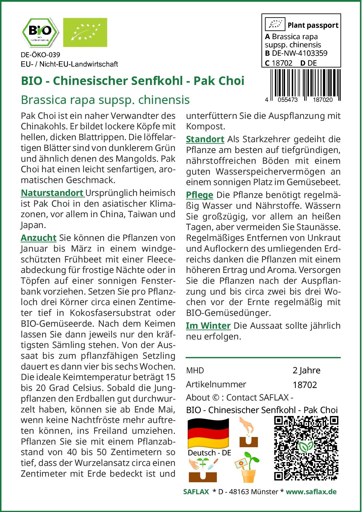 SAFLAX Gemüsesamen SAFLAX - Samen und Substrat - BIO - Chinesischer Senfkohl - Pak Choi