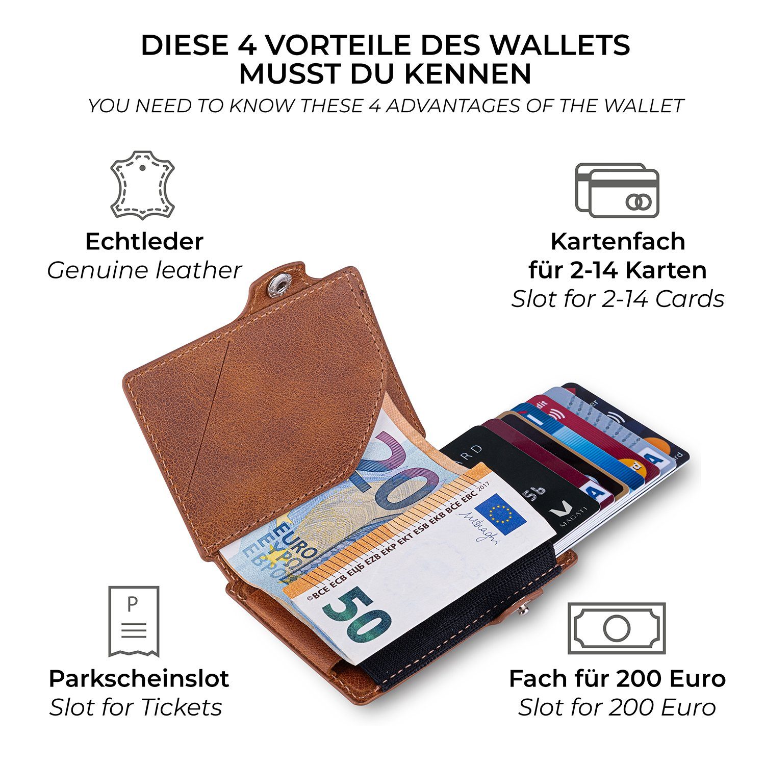 Hülle, Wallet Echtleder Geldbörse mini MAGATI Braun mit elastischem Mini AirTag Herren zu für Kartenetui bis mit aus 14 (mit Kartenhalter kleines Karten Geschenkverpackung),