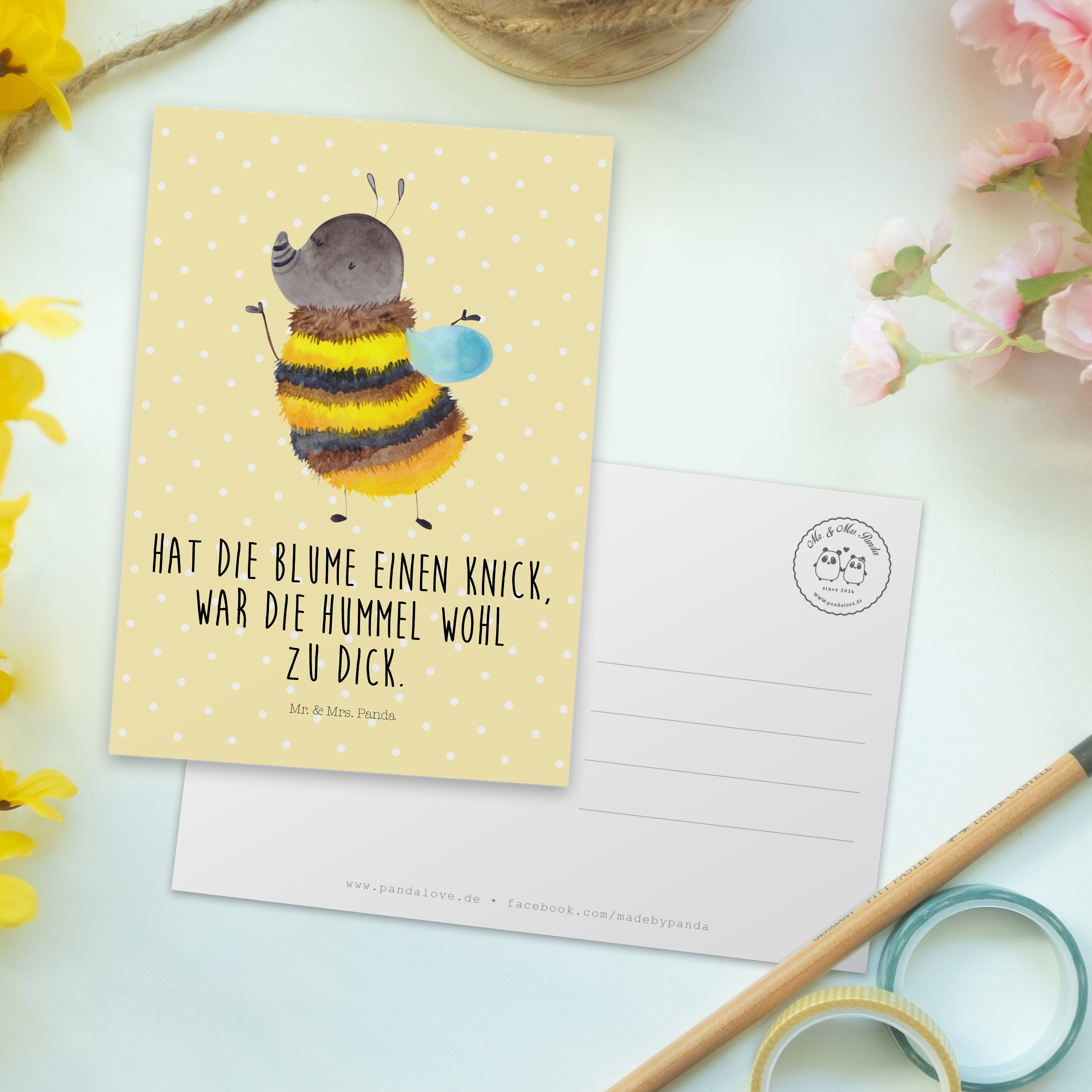 - Postkarte - Hummel Tiere, flauschig Panda Gelb Pastell Geschenk, Mrs. Mr. Gut & Geschenkkarte,