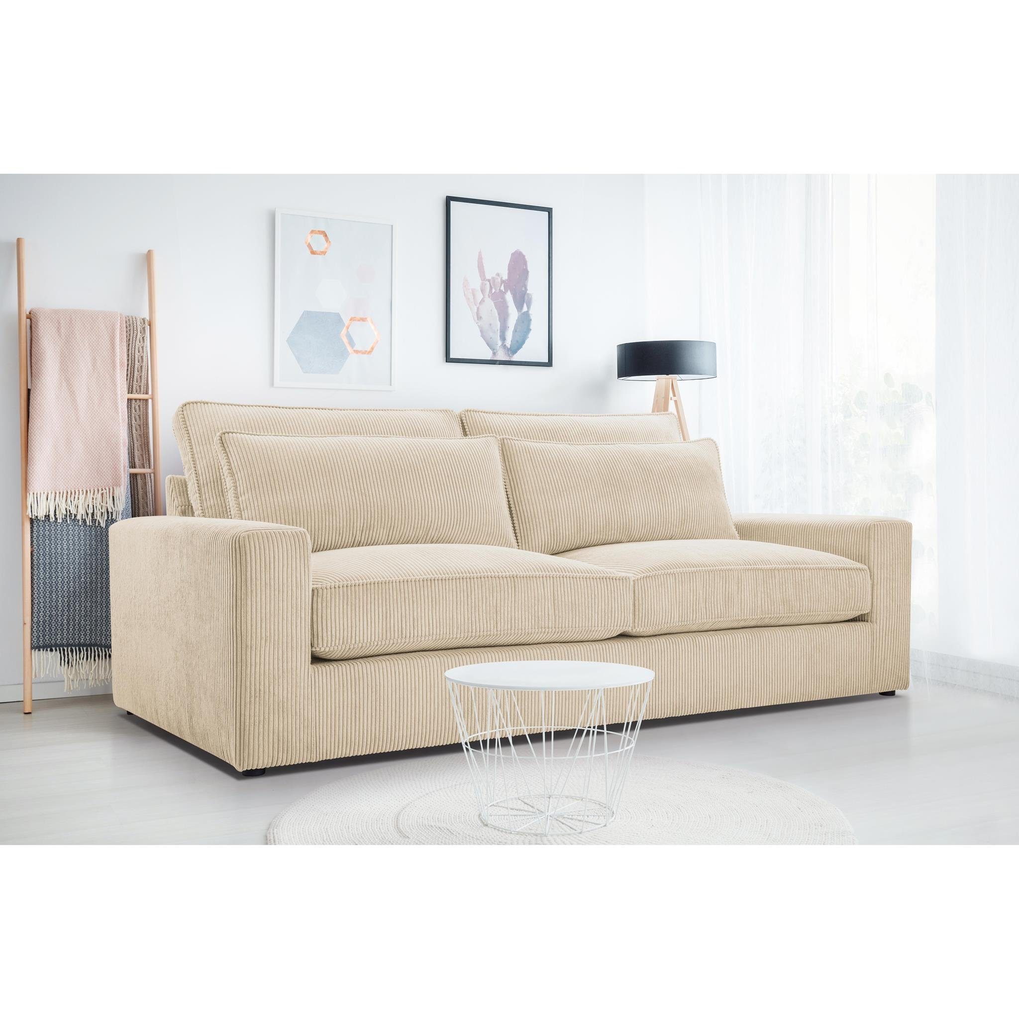 Sofa Polstersofa Wellenfedern, 3-Sitzer Cord-Struktur Como, Beautysofa Stil, im Velours Creme cm modernes (lincoln 221 03) Wohnzimmer, aus im