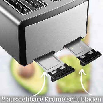 STEINBORG Toaster SB-2210, 4 kurze Schlitze, für 4 Scheiben, Edelstahl Gehäuse,Brötchenaufsatz,Krümelschublade,LED Display