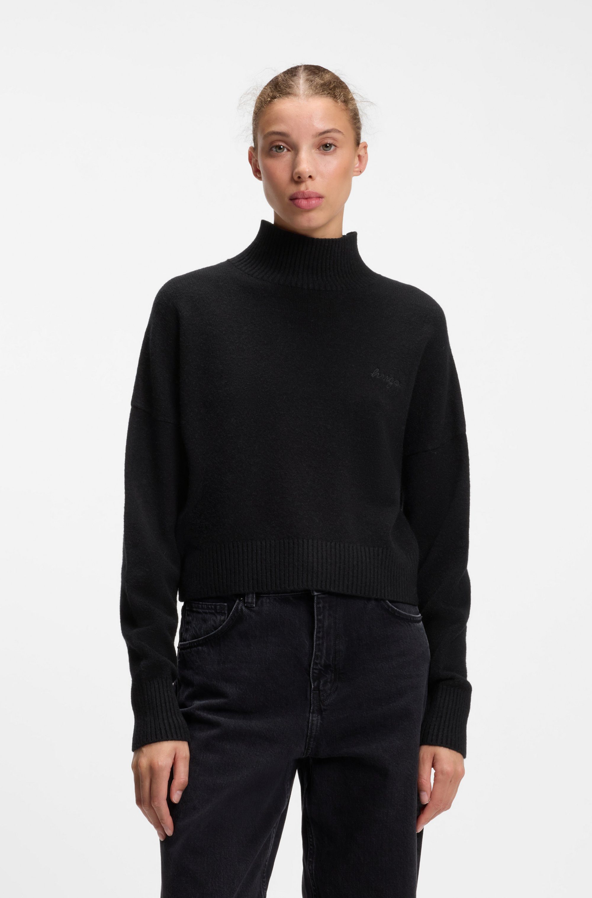 HUGO Stehkragenpullover Sestya mit tonaler Logostickerei, Relaxed Fit
