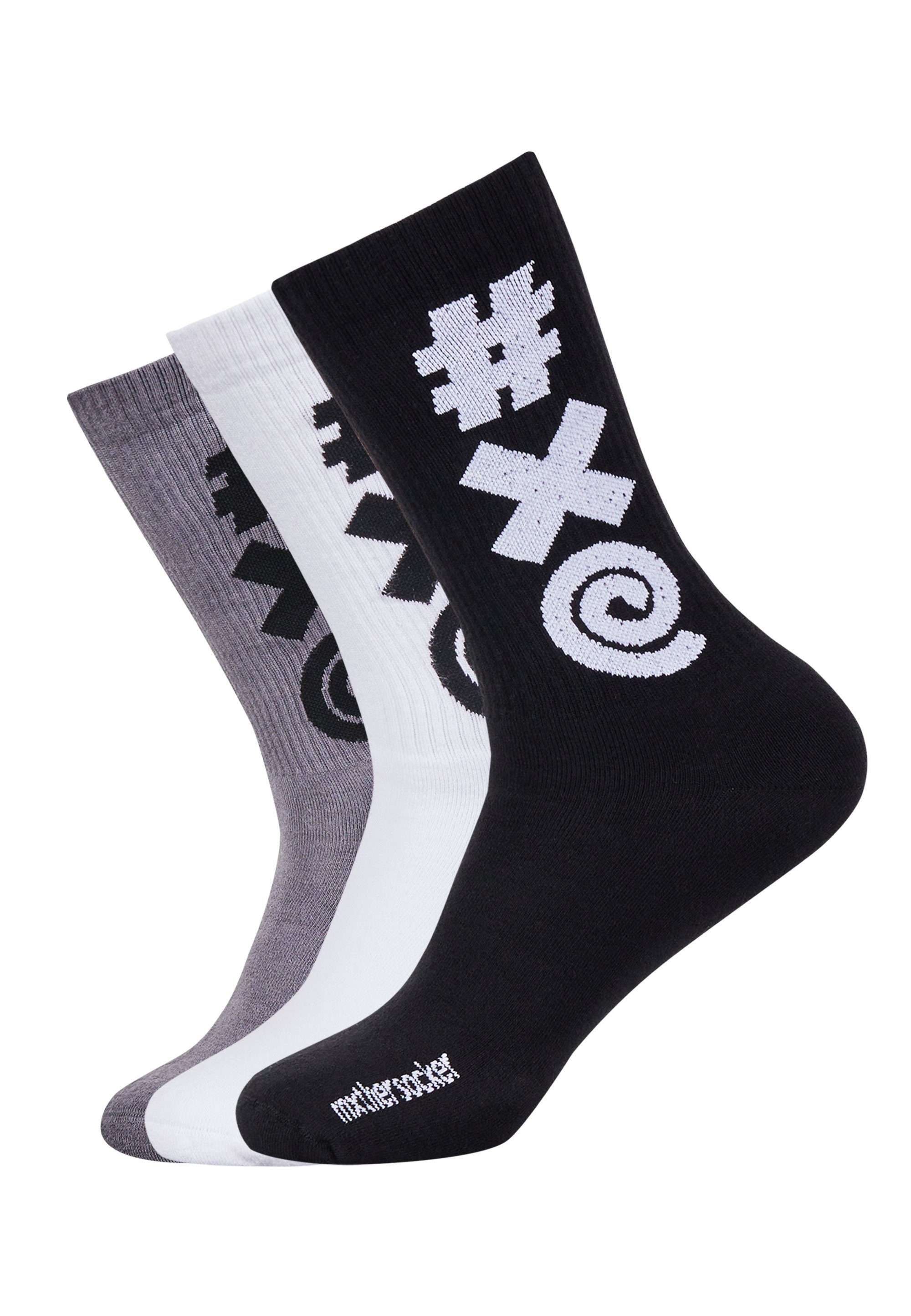 Mxthersocker Socken ESSENTIAL - THREE BEEPS (3-Paar) mit trendigem Schriftzug dunkelgrau, schwarz