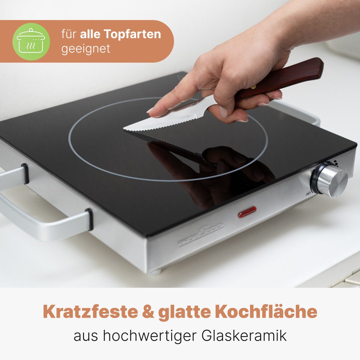 ProfiCook Einzelkochplatte PC-EKP 1210, Kratzfeste Glaskeramik, 2000 W, Energiesparend