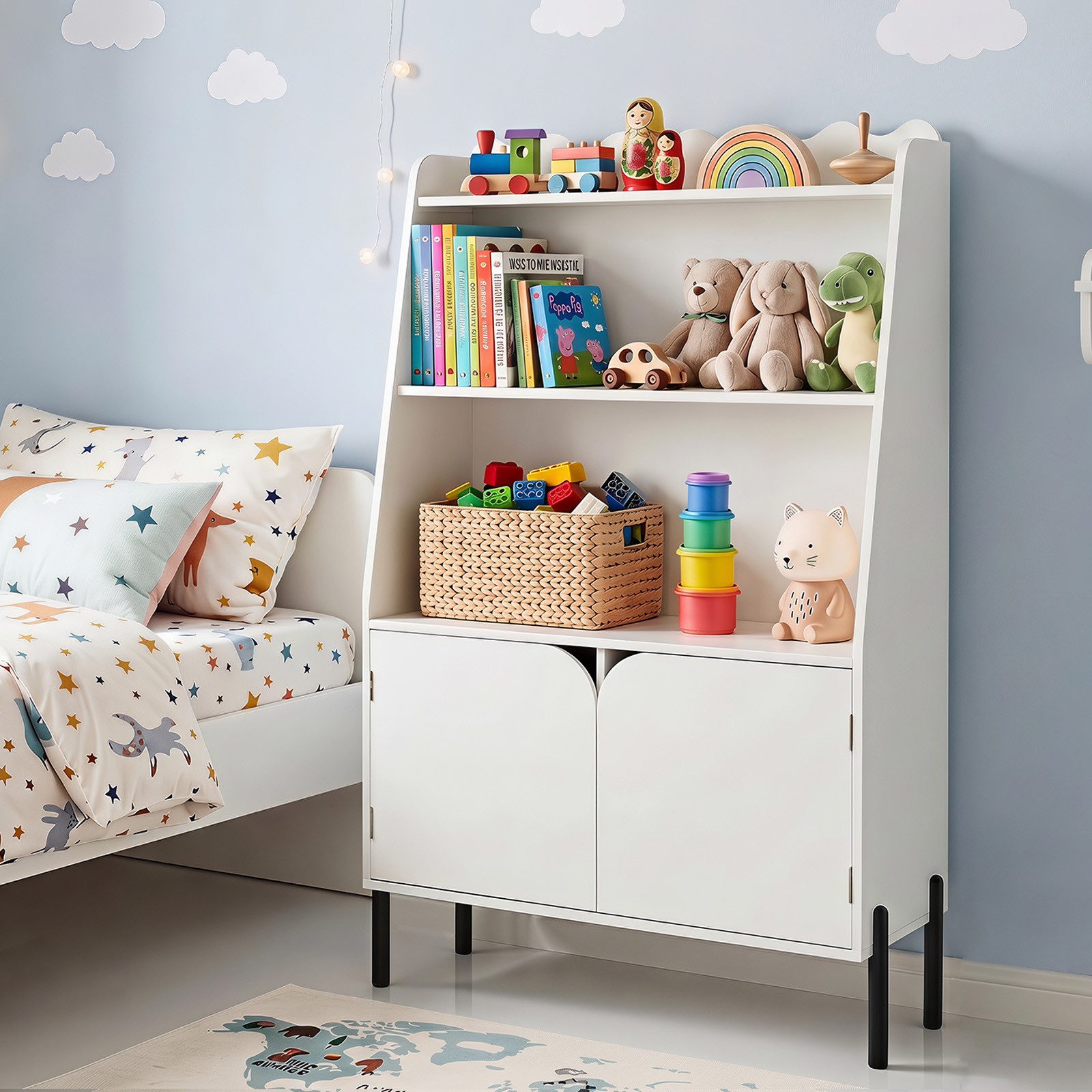 COSTWAY Bücherregal, Kinderregal mit 2 Türen & 3 offenen Fächern