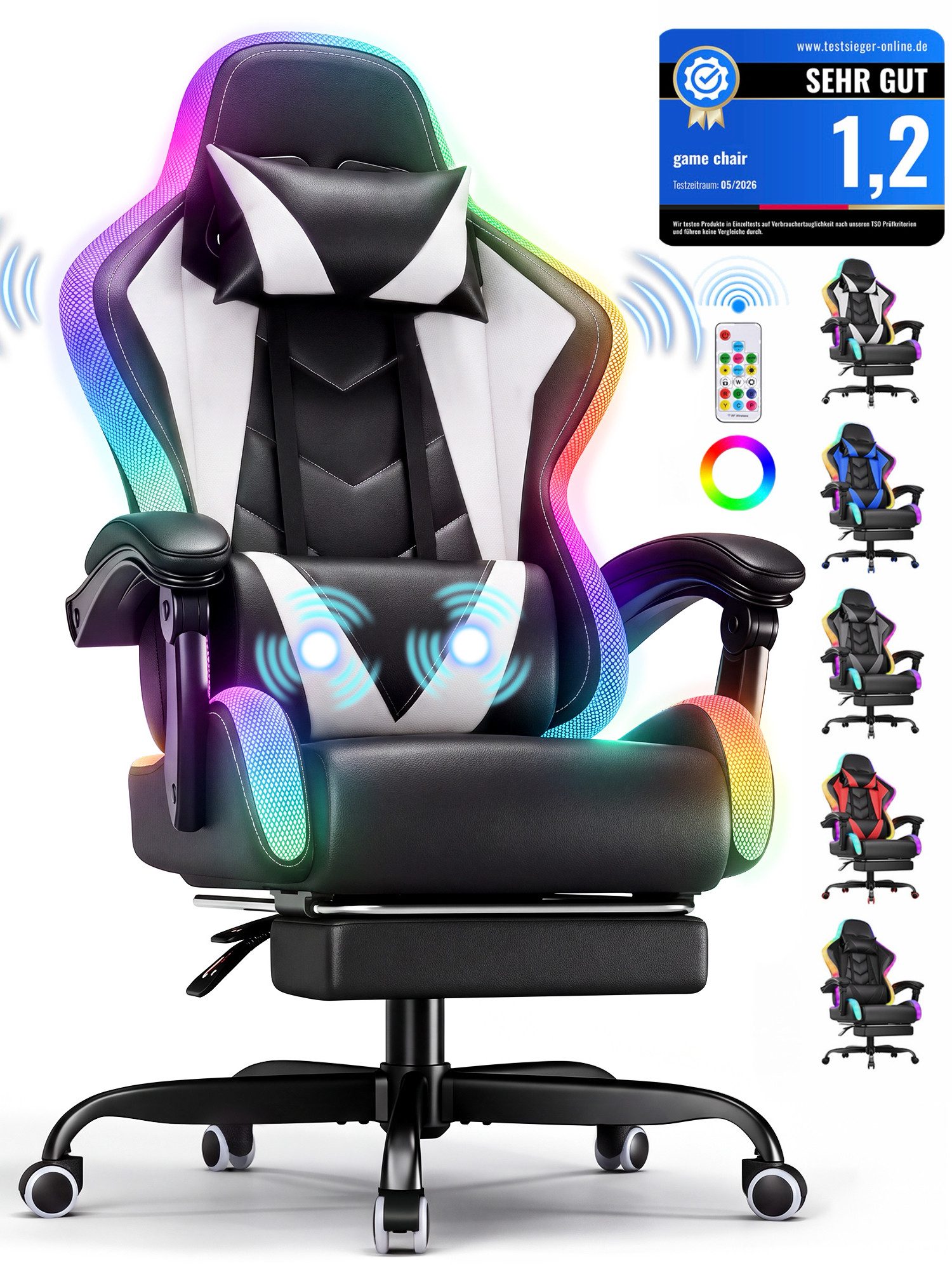 HOMALL Gaming-Stuhl mit LED,Ergonomisch,Fußstütze,computerstuhl,gaming stuhl mit massage (Die LED-Beleuchtung ist einstellbar, das Massagekissen für den Rücken ist beweglich), Ergonomischer Bürostuhl,Kopfstütze und Lendenstütze