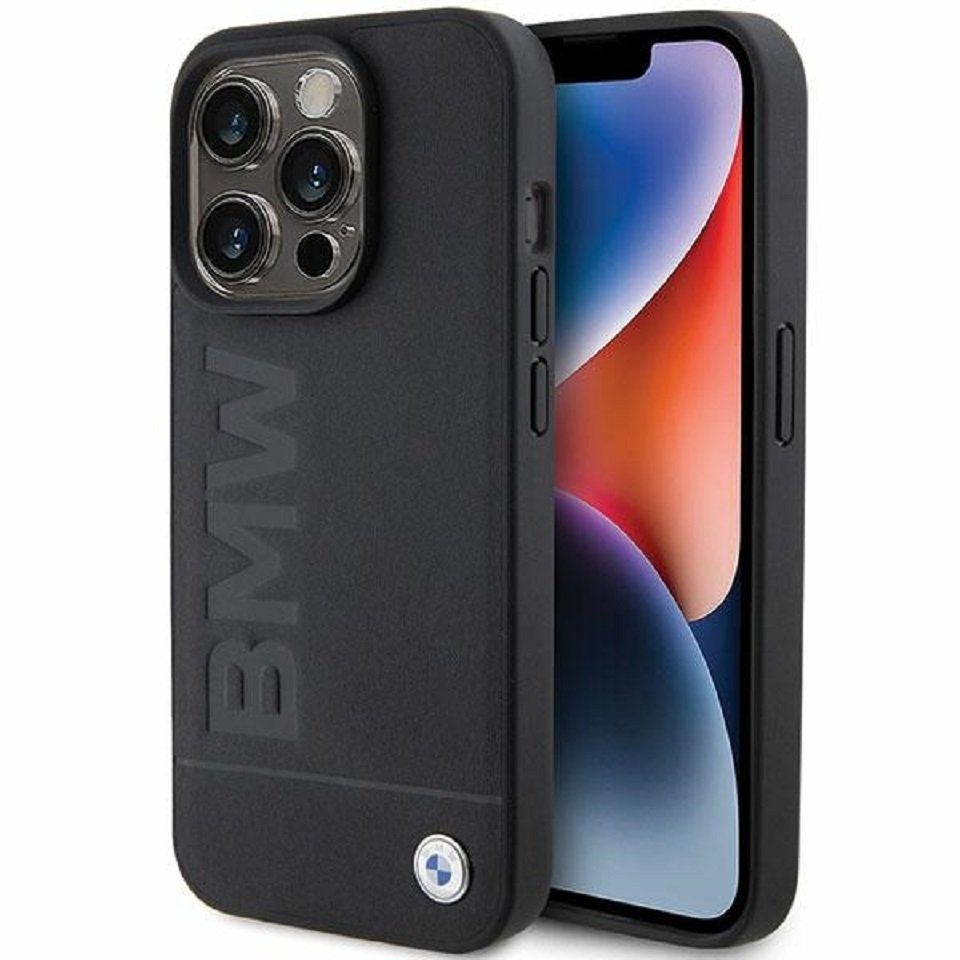 BMW Handyhülle Case iPhone 15 Pro Echtleder schwarz Logo Metall 6,1 Zoll, Kantenschutz