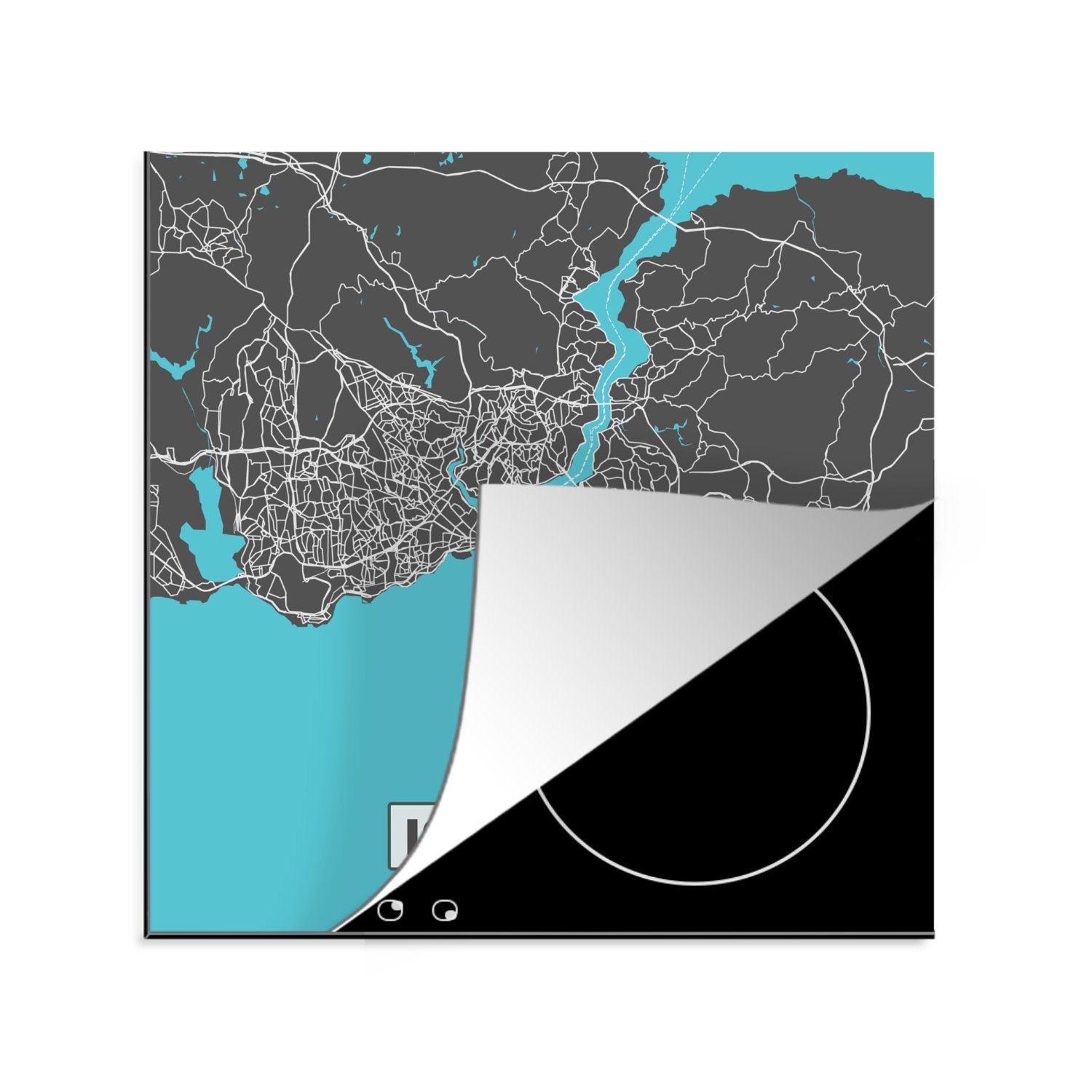 MuchoWow Herdblende-/Abdeckplatte Istanbul - Blau - Karte - Stadtplan - Karte, Vinyl, (1 tlg), 78x78 cm, Ceranfeldabdeckung, Arbeitsplatte für küche