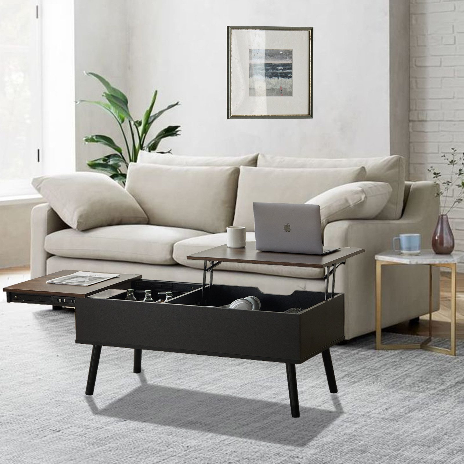 JanflyHome Couchtisch höhenverstellbar, Wohnzimmertisch mit Stauraum (1-St), Separates Verstecktes Ablagefach, 100x50x45 cm