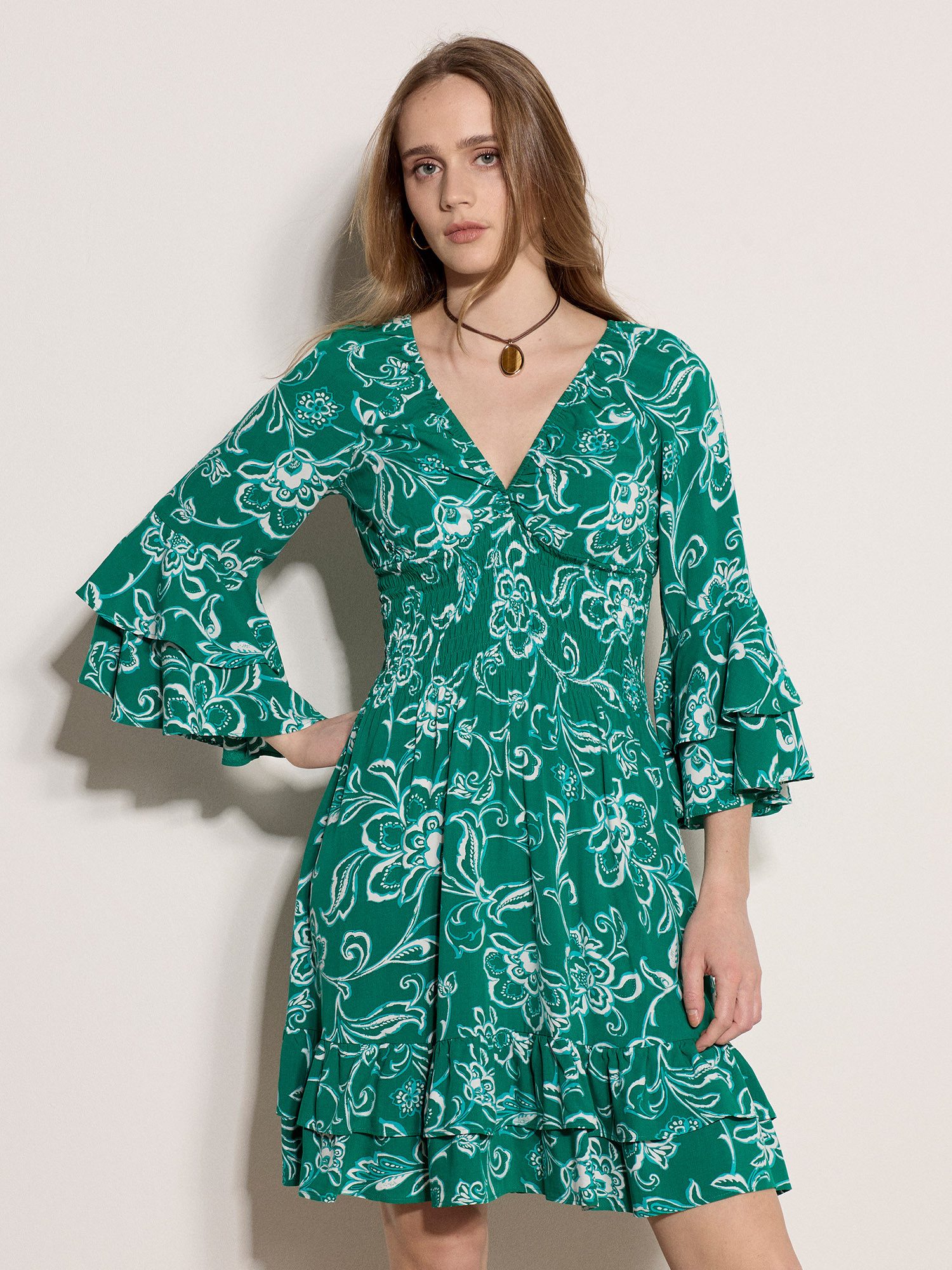 Apricot Minikleid Smok-Minikleid mit Trompetenärmeln