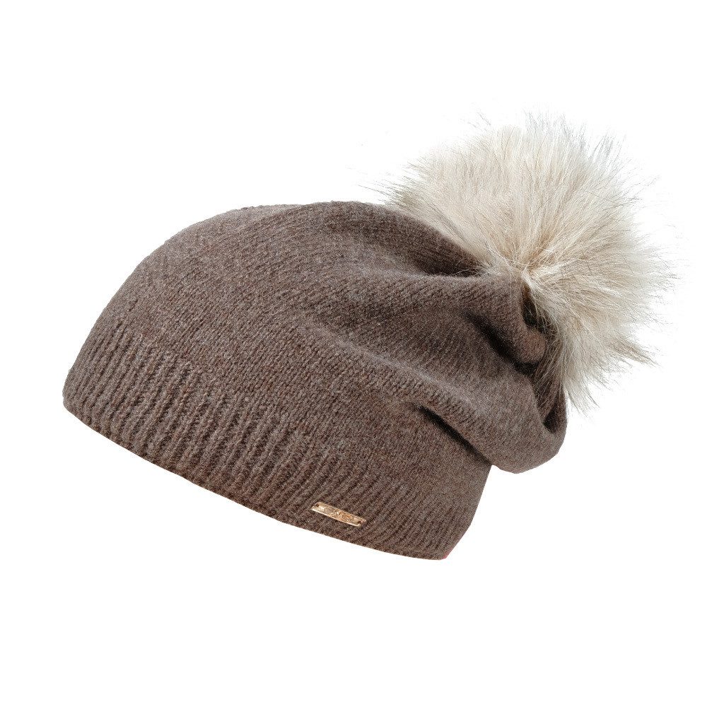 CAPO Strickmütze Strickmütze, Kaschmir Kunstfellpompon, Fleecestreifen (1-St) Kaschmir
