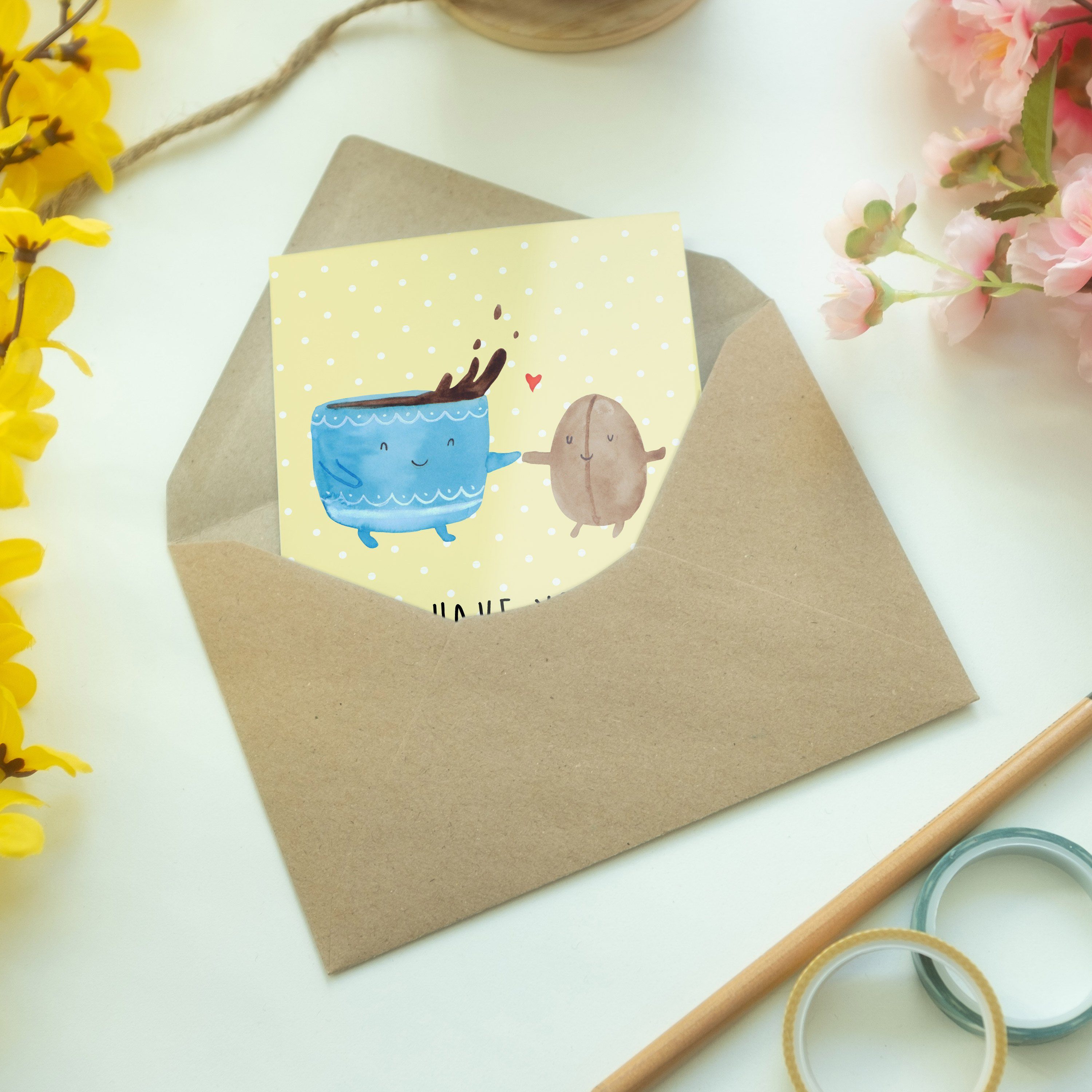 Mr. & Mrs. Panda Tiermotive Glückwunschkarte, Geschenk, Bohne Grußkarte - Pastell Kaffee Gelb 