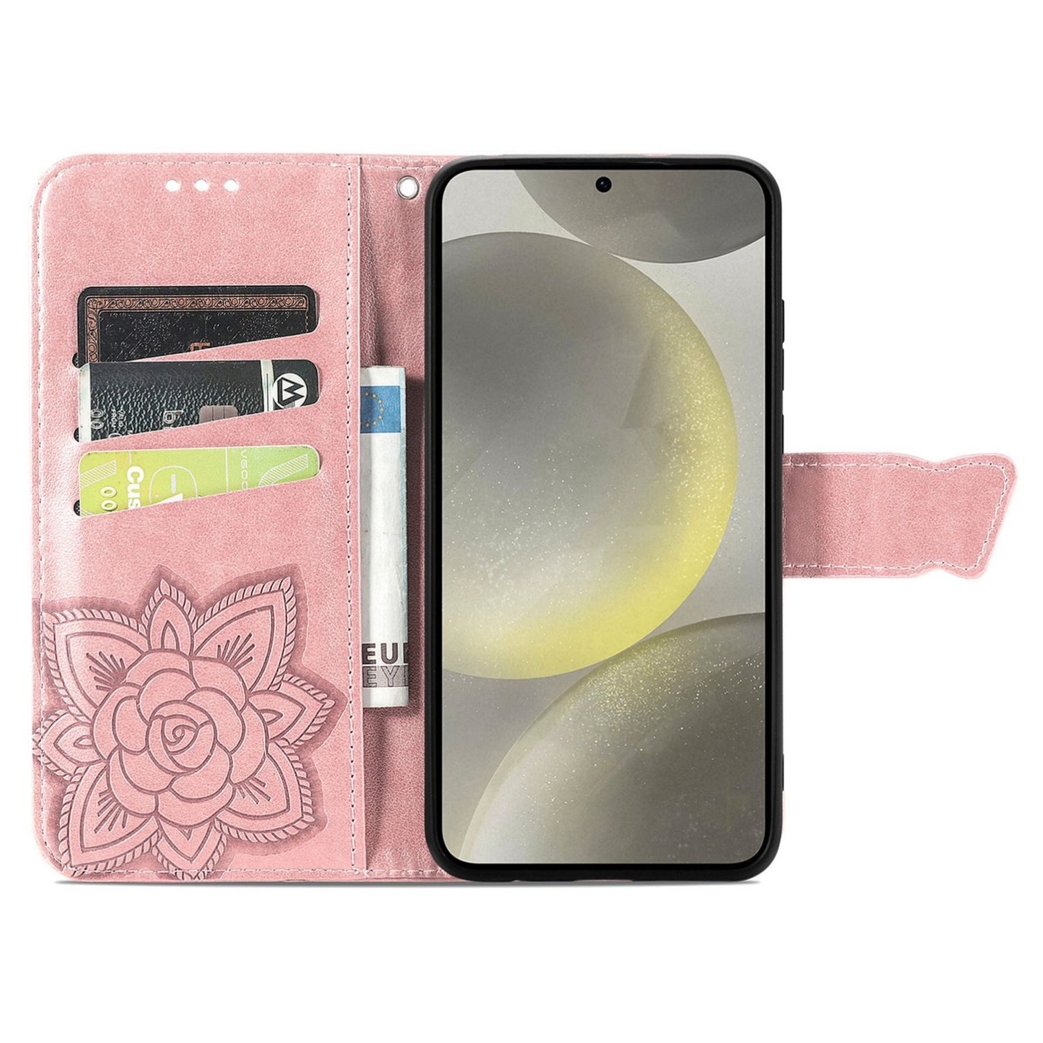 Wigento Smartphone-Hülle Für Samsung Galaxy S25 FE 5G Kunstleder Schmetterling Book Hülle Rosa, Kunst-Leder Schutzhülle Smart Case Cover magnetischer Verschluss