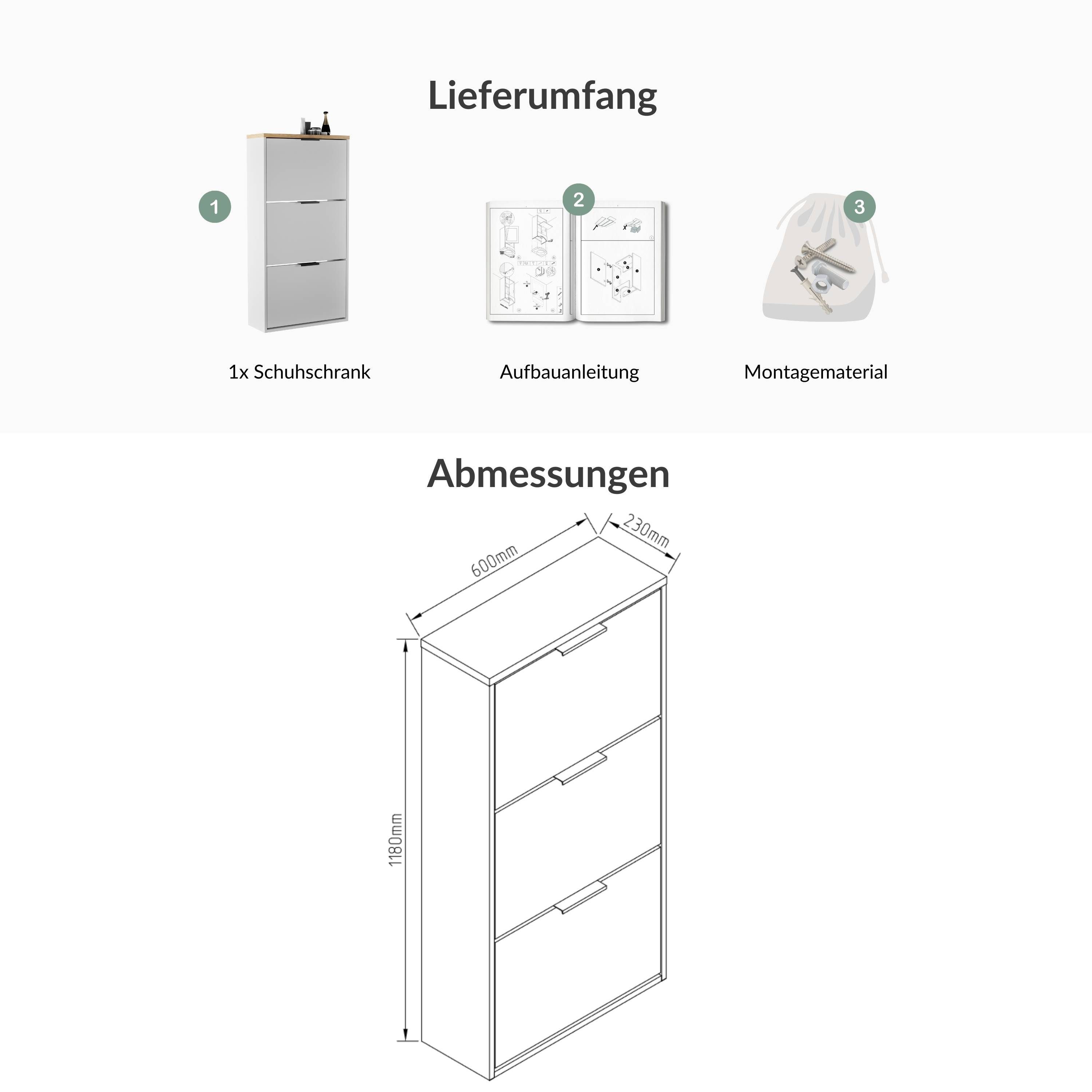 Planetmöbel Schuhschrank STIVIO Schuhschrank 3 Klappen (Schuhschrank für Flur & Garderobe, Wandmontage oder stehend) passend für 12-16 Paar Schuhe