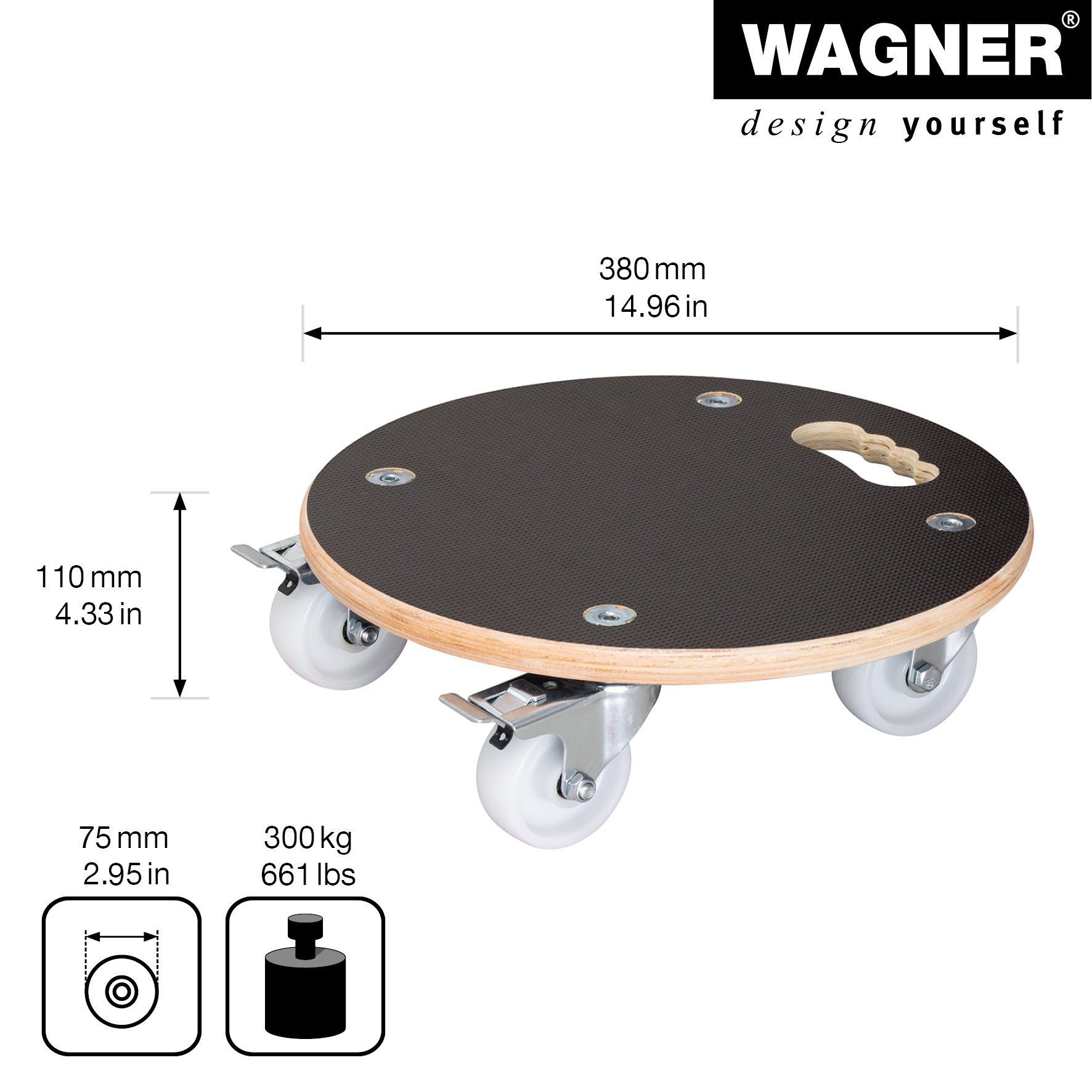 WAGNER design yourself Pflanzenroller MAXIGRIP in diversen Größen I rund und eckig I Transportroller für Außenbereich + Innenbereich I aus FSC®-Schichtholz I softe + harte Rollen I Tragkraft 200 + 300 kg - Made in DE