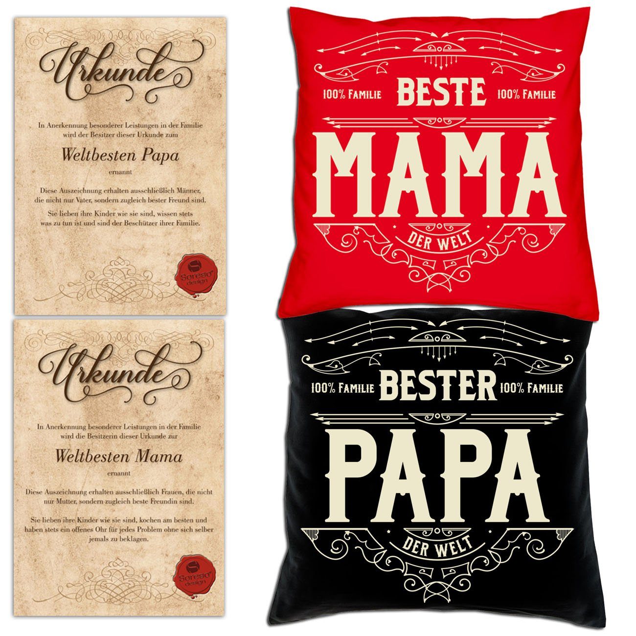 Soreso® Dekokissen Kissen-Set Bester Papa Beste Mama mit Urkunden, Weihnachtsgeschenk für Eltern rot