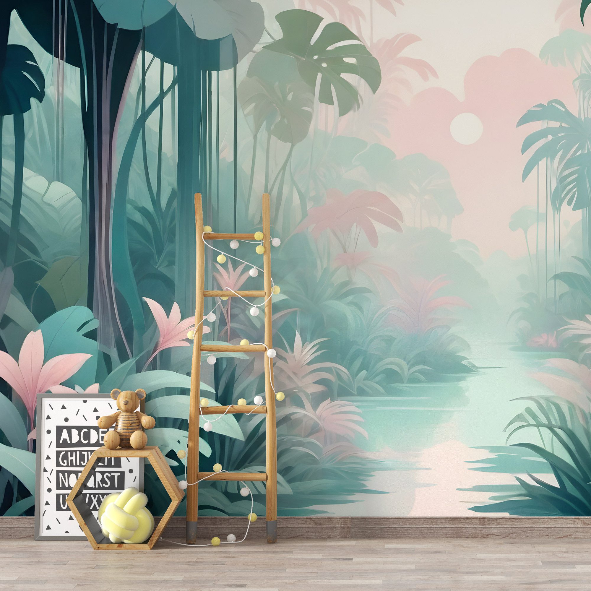 Unik Nordic Kindertapete Kindertapete Dschungel Pastell, glatt, grafisch, (Komplettsatz für eine Wand, Vlies, Fototapete, ausdünstungsfreier Druck), Geeignet für alle typischen Oberflächen. Auch Decken oder Schrägen.
