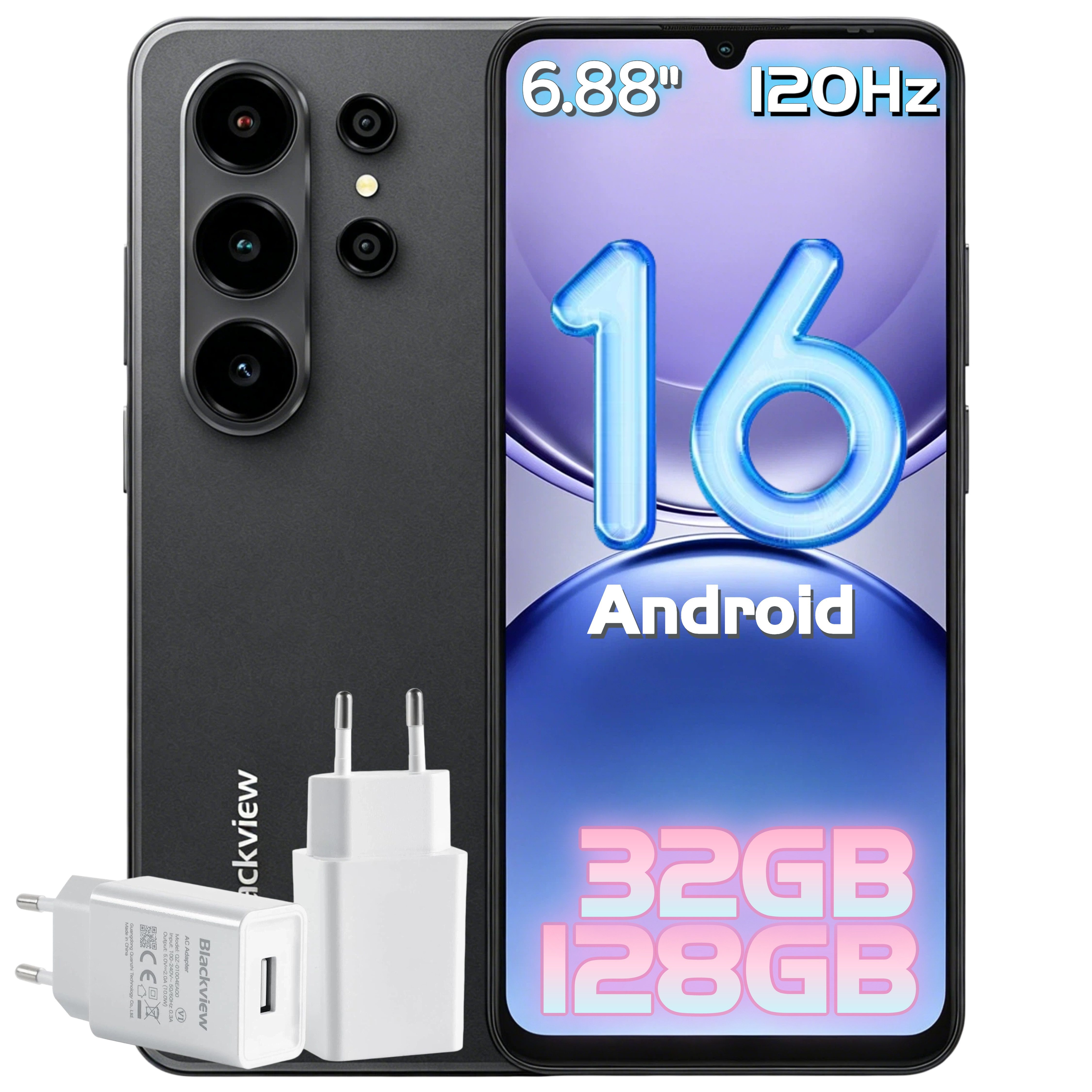 blackview WAVE 6,88 Zoll AI Handy incl. 18W Android 16 HD+ 120Hz (17,48 cm/6.88 Zoll, 128 GB Speicherplatz, 4G Dual SIM Android 16 Outdoor Smartphone, Octa-Core, 5000mAh, 32+13MP)