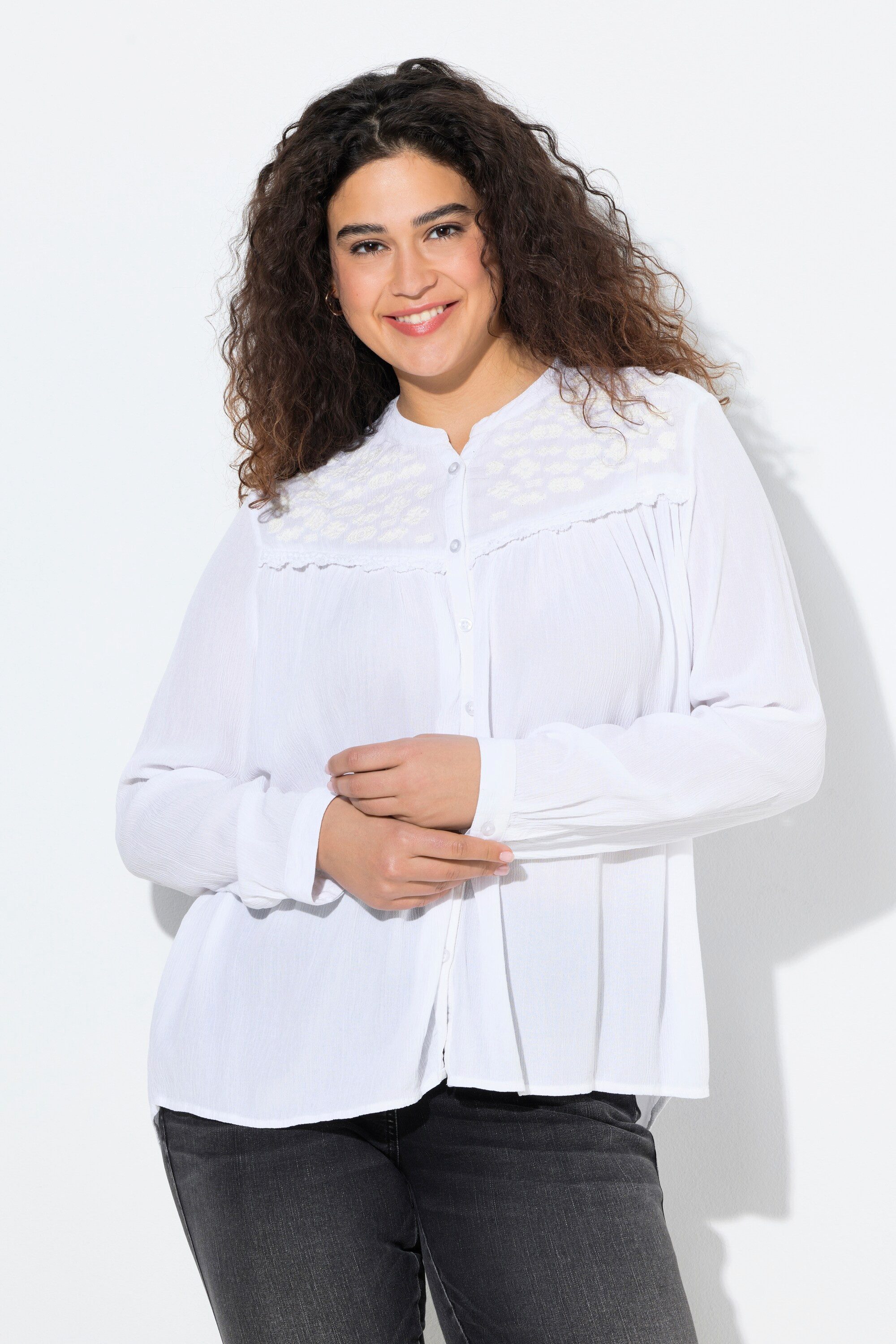 Ulla Popken Satinbluse Bluse Stickerei A-Linie Rundhals Langarm günstig online kaufen