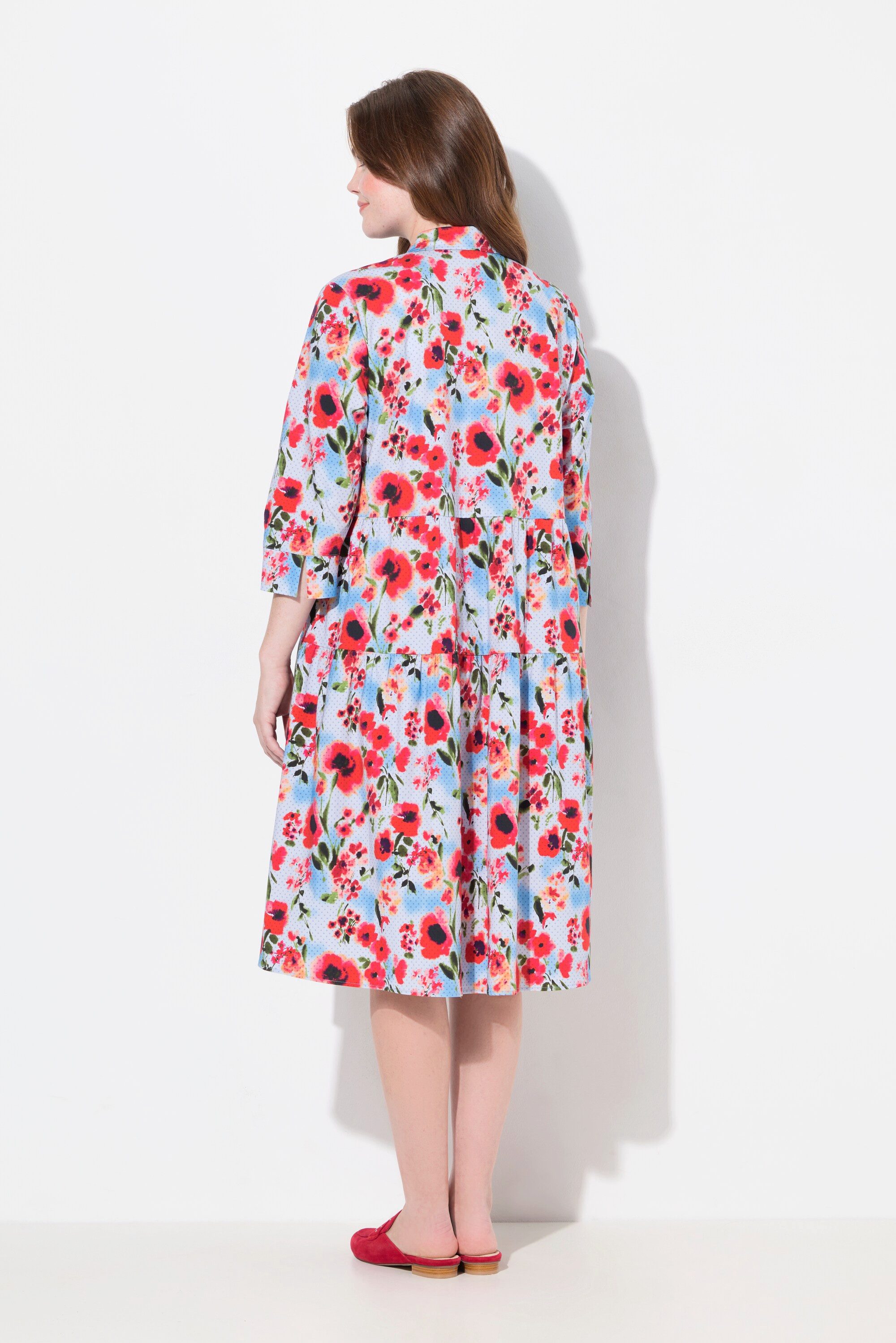 Ulla Popken Hemdblusenkleid Hemdblusenkleid Mohn A-Linie Hemdkragen 3/4-Arm