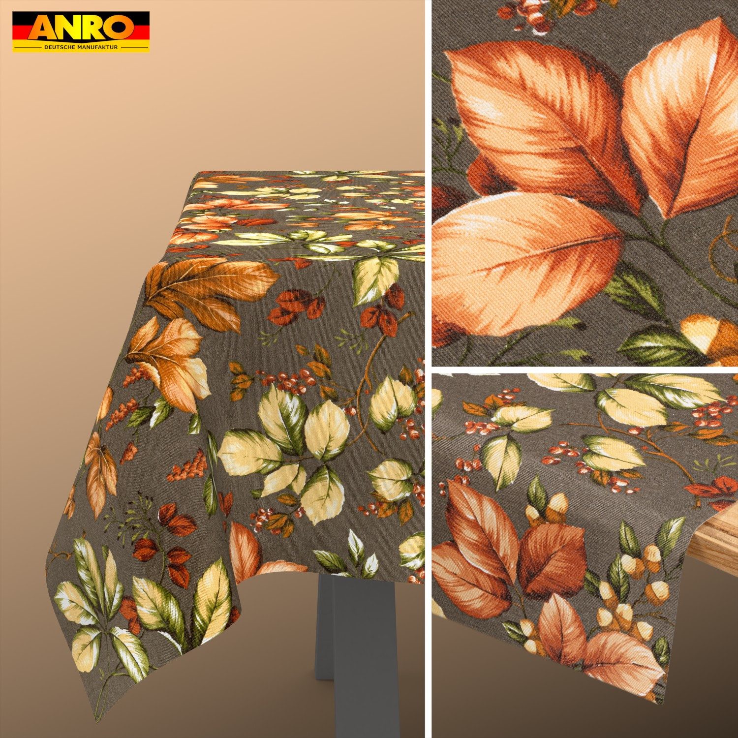 ANRO Tischdecke abwaschbar Baumwolloptik Herbstlaub Braun wetterfest Gartentischdecke (Einzelstück 1-tlg, eine Tischdecke), Stofftischdecke schmutzabweisend 100x140cm Herbstlaub Braun