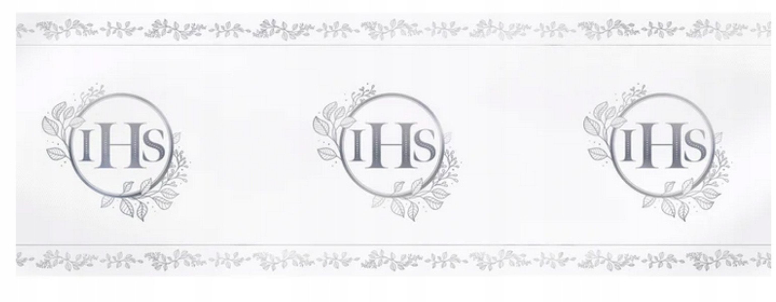 PartyPal Tischläufer Eleganter Kommunion Tischläufer IHS Eukalyptus 5m aus Organza, Silber
