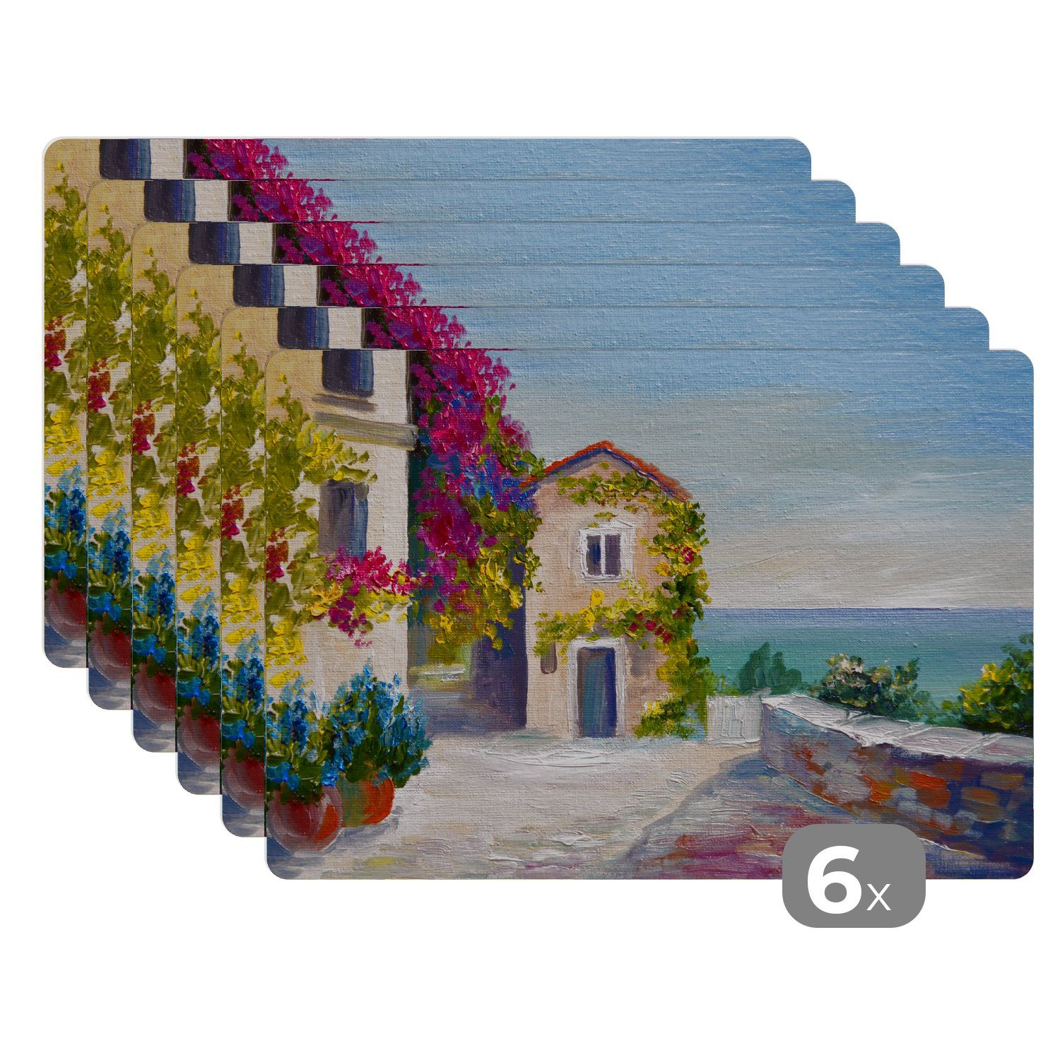 Haus (6-St), MuchoWow, Schmutzabweisend Platzset, Malerei Ölfarbe Dorf, Platzmatte, Platzdecken, Tischmatten, - - Platzset, -