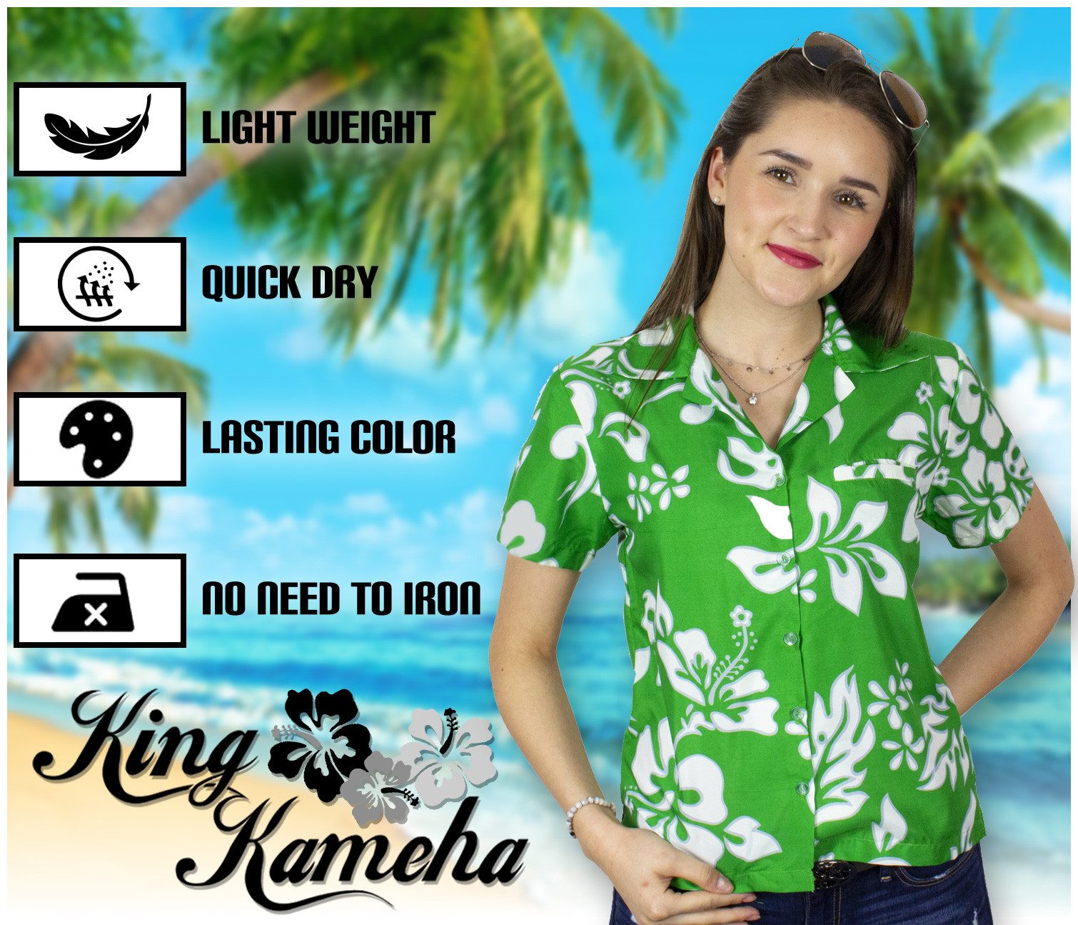 King Kameha Hawaiihemd Hibiscus Funky Hawaiibluse Damen Kurzarm Front-Tasche Stylish