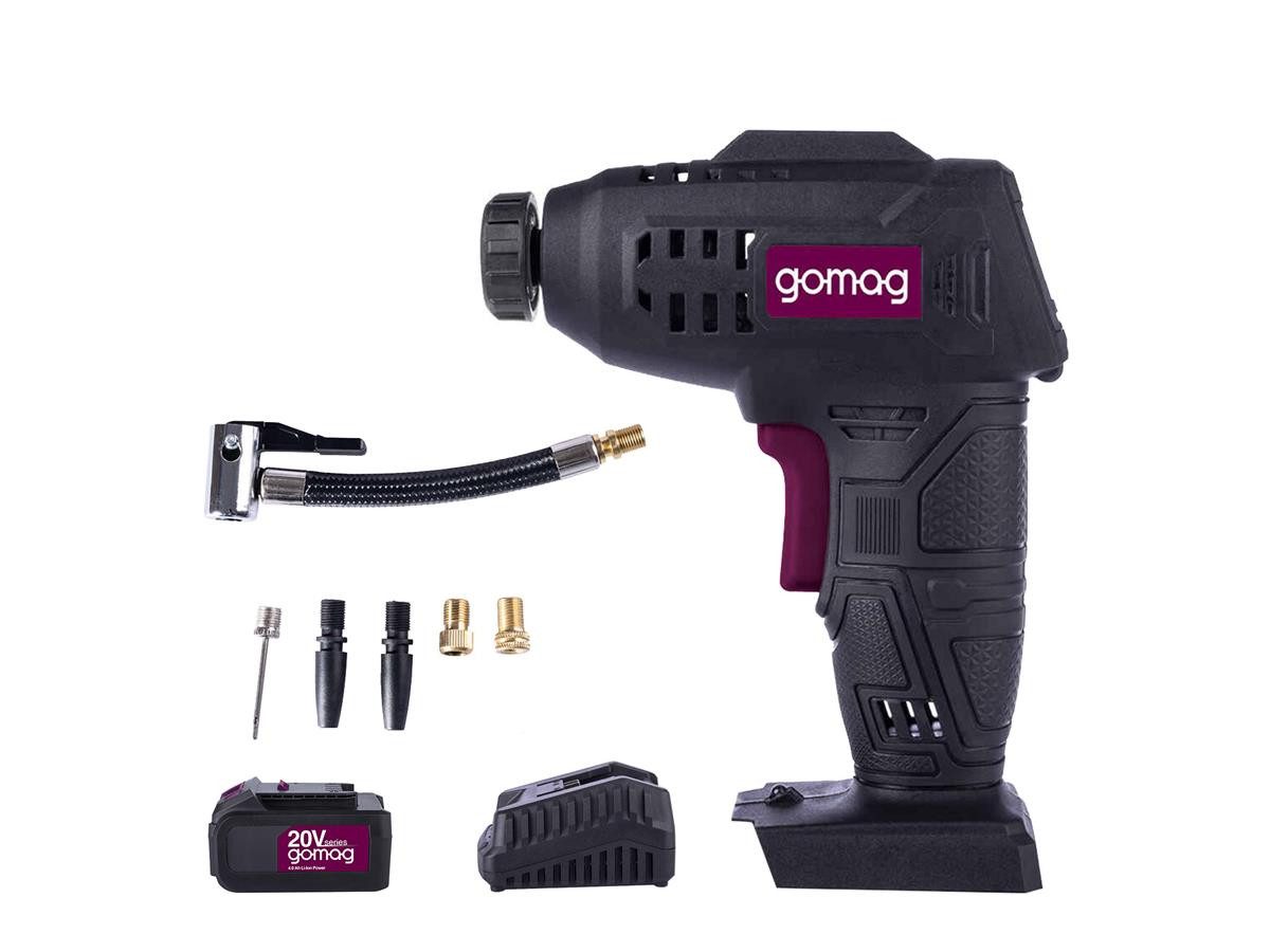 Gomag Akku-Handkompressor GO-LP20 4,0 Ah Akku + Ladegerät, max. 7 bar, Set, Kolben mit großem Durchmesser ermöglicht schnelles Aufblasen