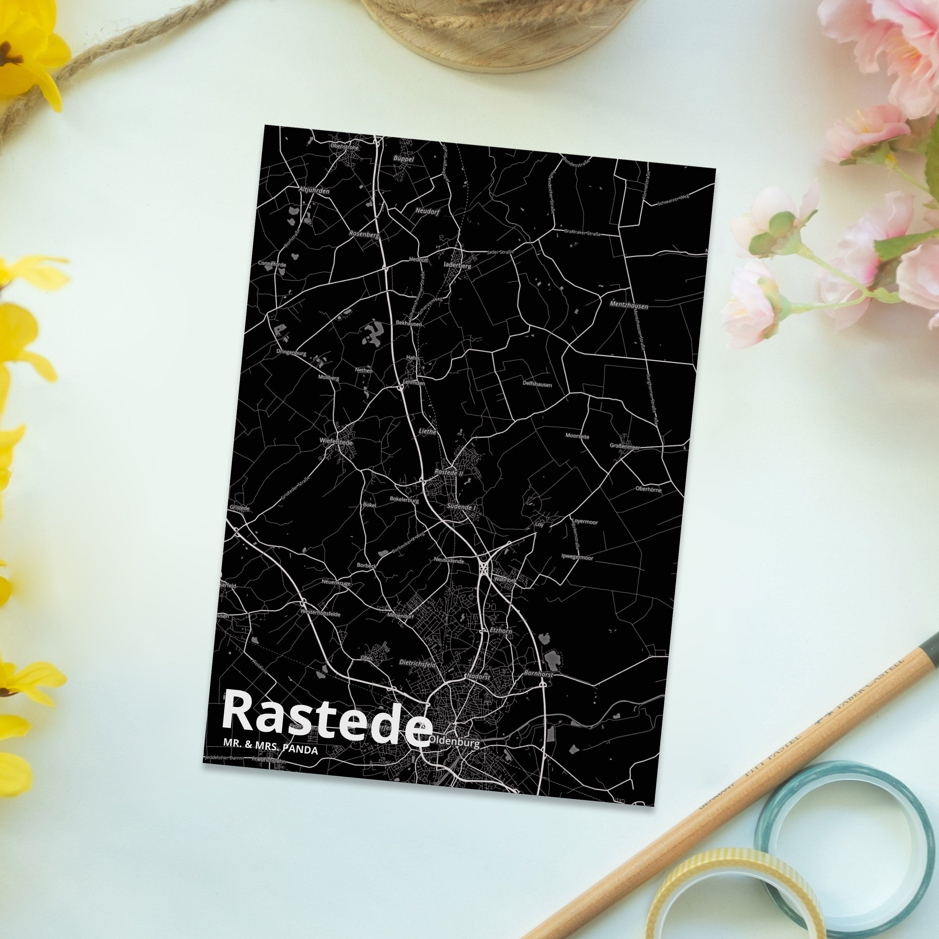 Rastede - Karte Mrs. Stadt Stadt, Landkarte Map Stadtplan Postkarte & Mr. Panda Geschenk, Dorf